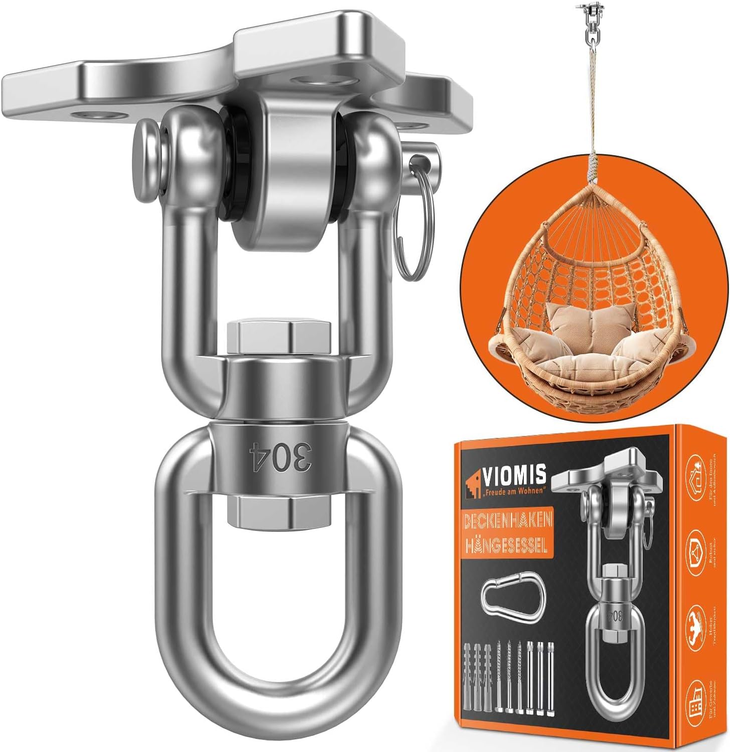 Detalle de Viomis Edelstahl-Deckenhaken 360° drehbar – universal für Schaukeln, Hängematten & Boxsäcke (bis 450 kg)