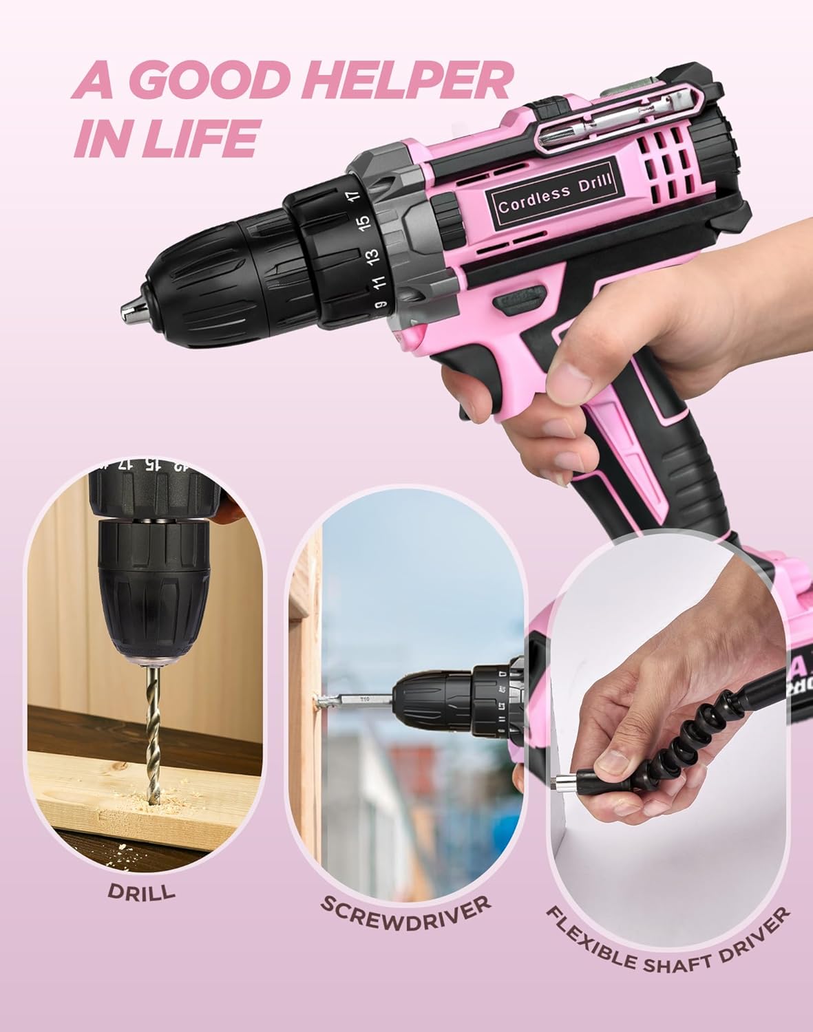 Detalle de Pink Cordless Drill Set 21V with 2 Batteries – 90 Accessory Kit