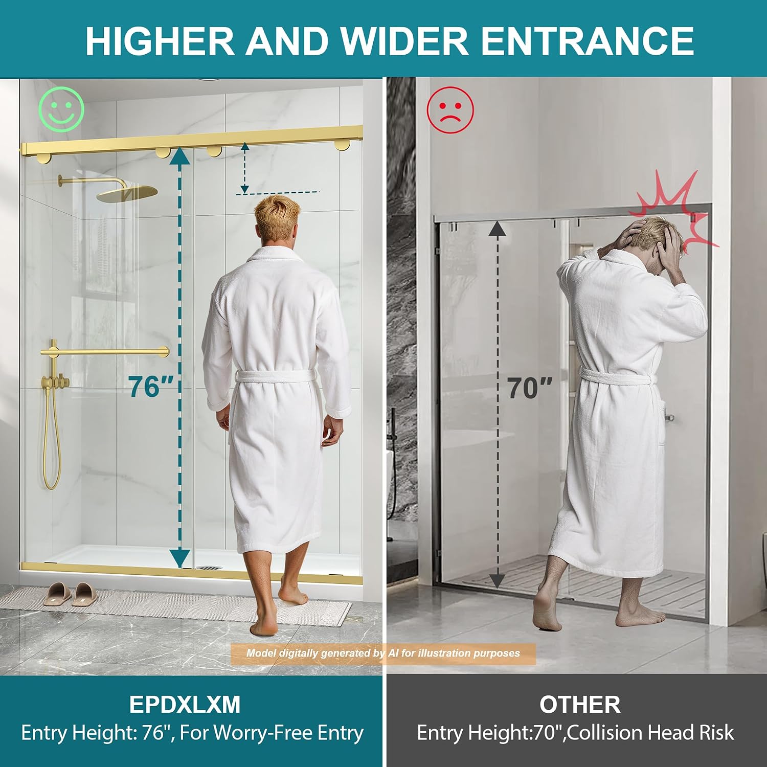 Detalle 1 de EPDXLXM Frameless Double Sliding Shower Door, 55–60-Inch Width
