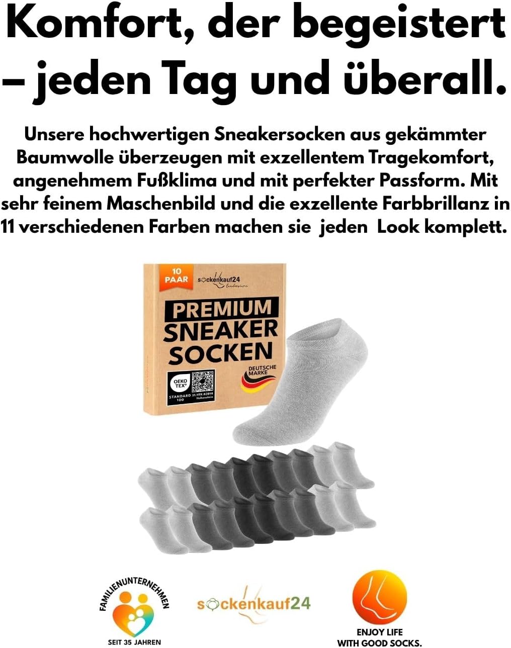 Thumbnail 5 de 10 Paar Premium Sneaker Socken Herren & Damen – gekämmte Baumwolle, Komfortbund, kein Drücken, OEKO-TEX