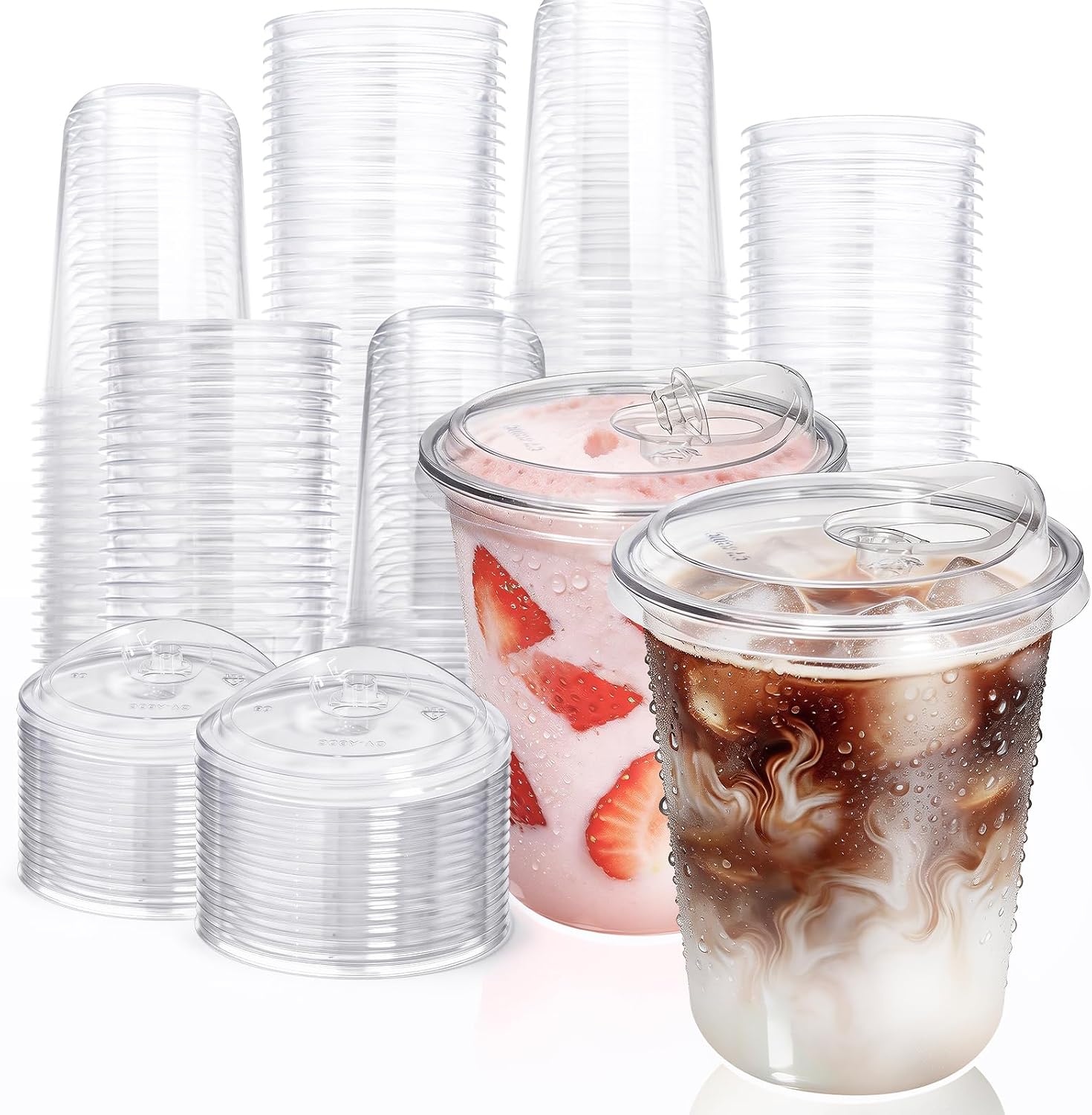 Fit Meal Prep 100 Pack 16 oz Round Bottom Clear Plastic Cups with Strawless Sip Lids