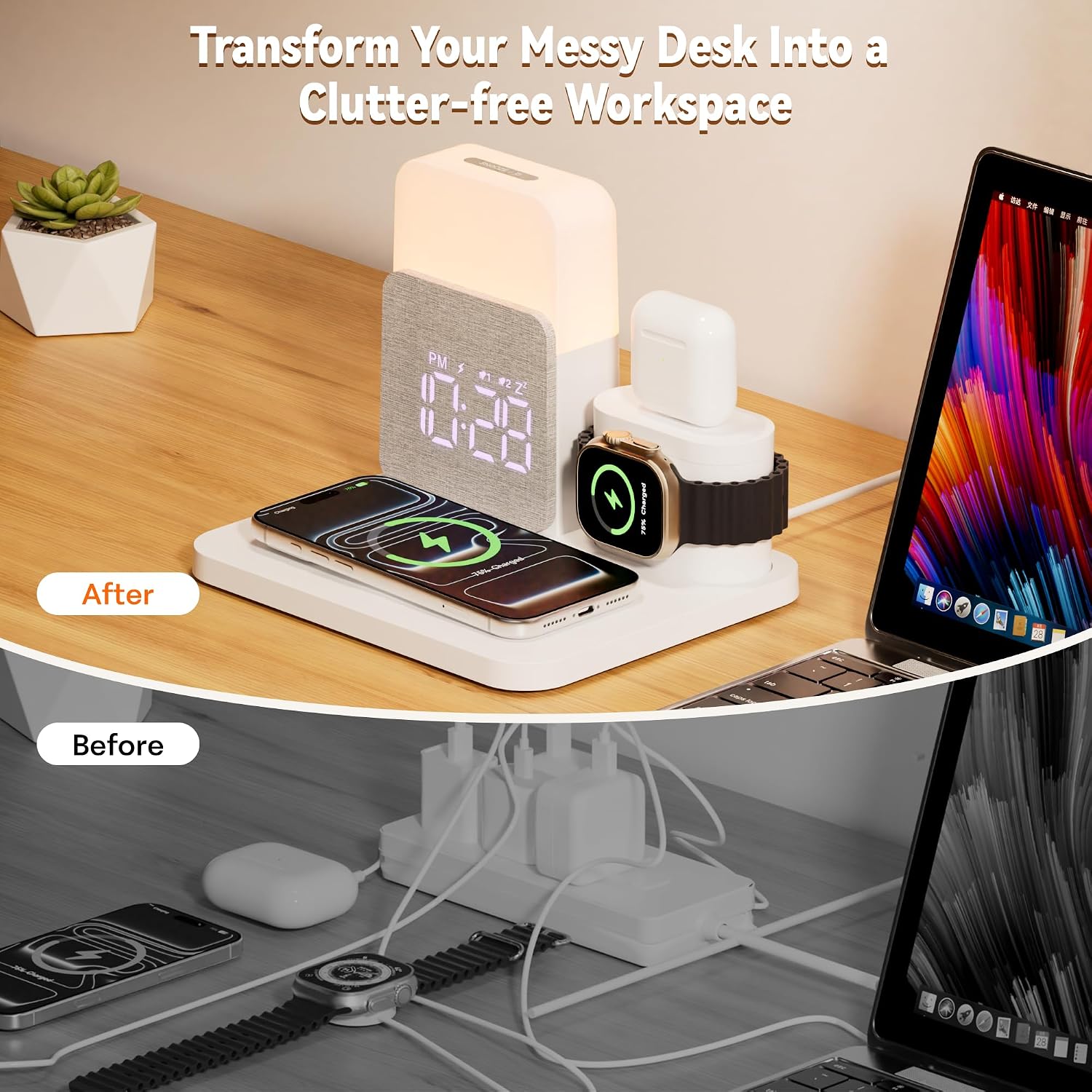 Detalle de COLSUR 6 in 1 Magnetic Wireless Charging Station with Alarm Clock and Night Light