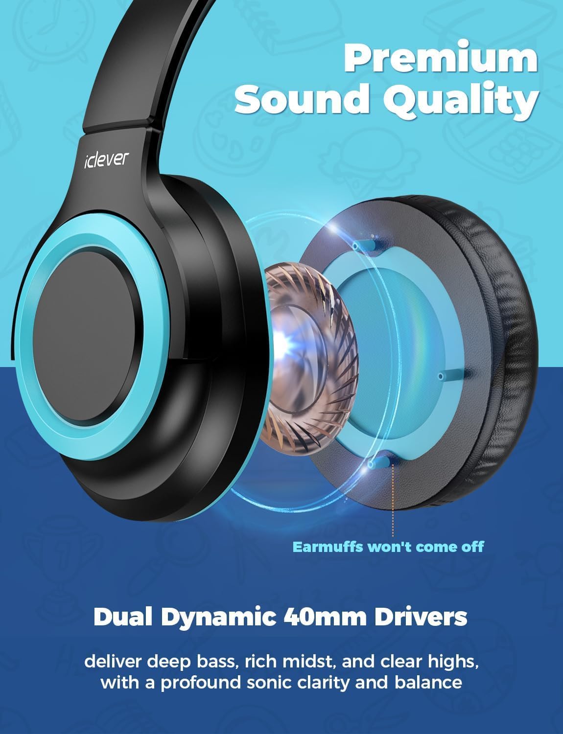 Thumbnail 3 de iClever 2 Pack Kids Headphones (85dBA Safe Volume) with 3.5mm Sharing Splitter – Wired, Foldable, Blue & Black