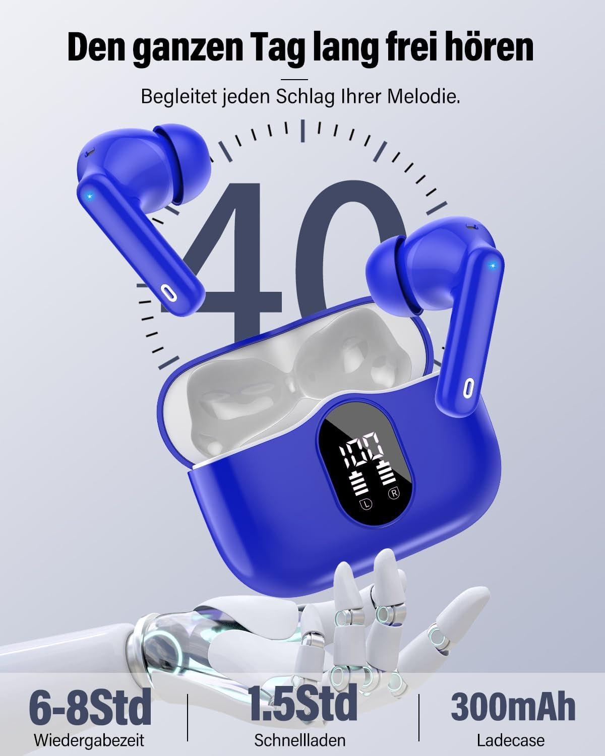 Detalle de Btootos Bluetooth Kopfhörer – Kabellos, 5.4, In-Ear mit App-Steuerung, 40 Std. Laufzeit, IP7, LED-Display (Blau)