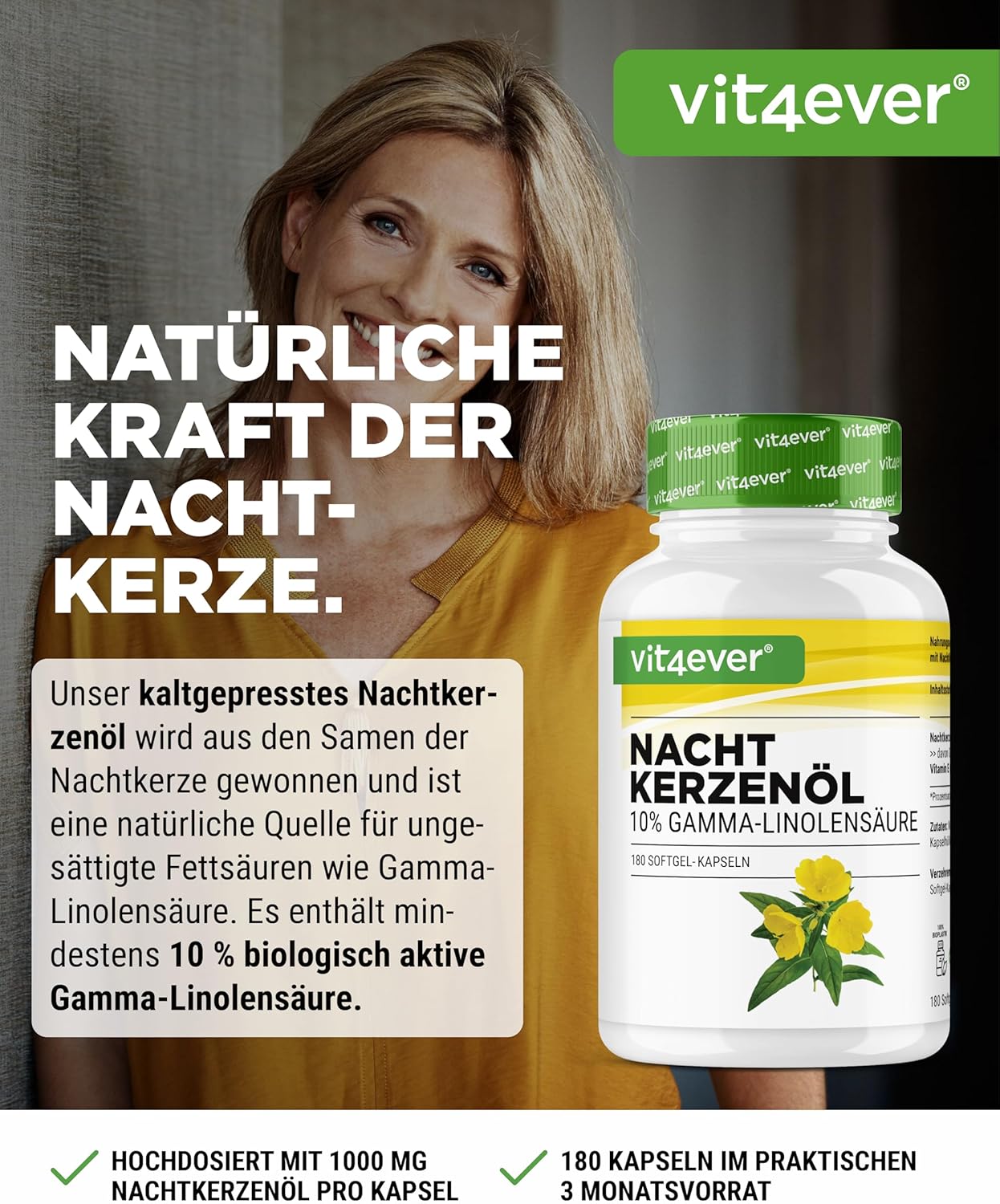 Thumbnail 1 de vit4ever Nachtkerzenöl Kapseln (180) – 2.000 mg Tagesdosis, 10% GLA, kaltgepresst
