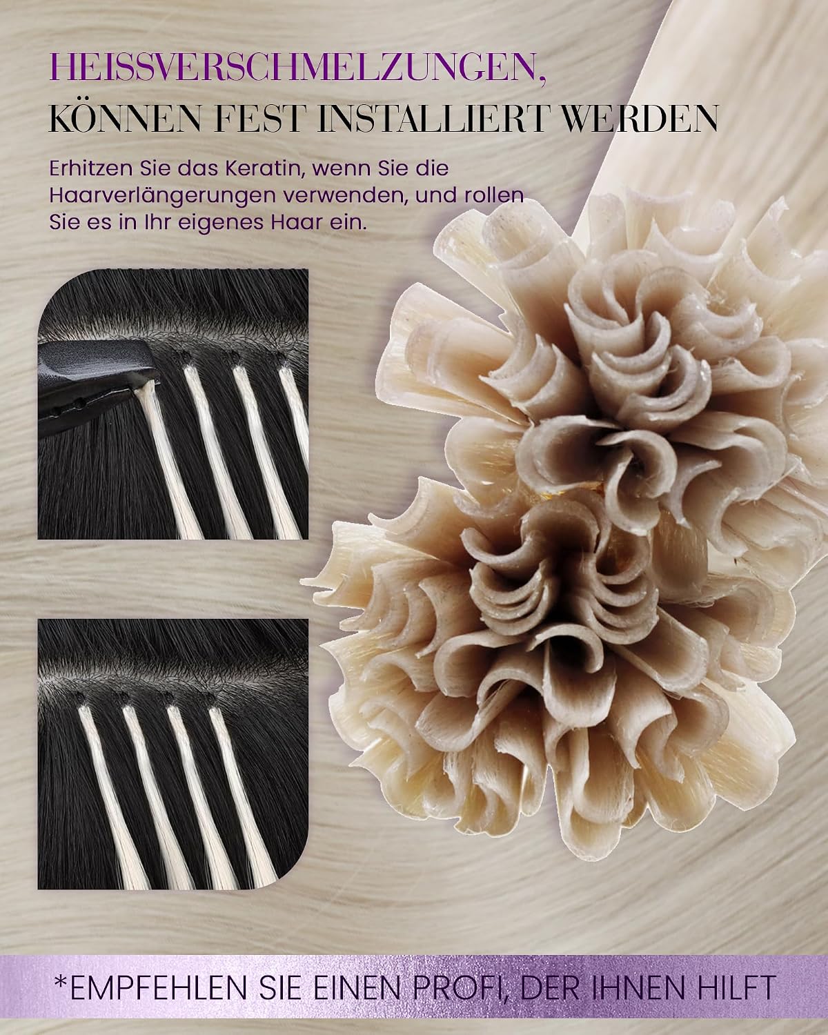 Thumbnail 2 de LaaVoo Bonding Extensions aus Echthaar (Platinblond), U-Tip Keratin Bondings, 1 g/s, 40 cm, 50 g (#60)