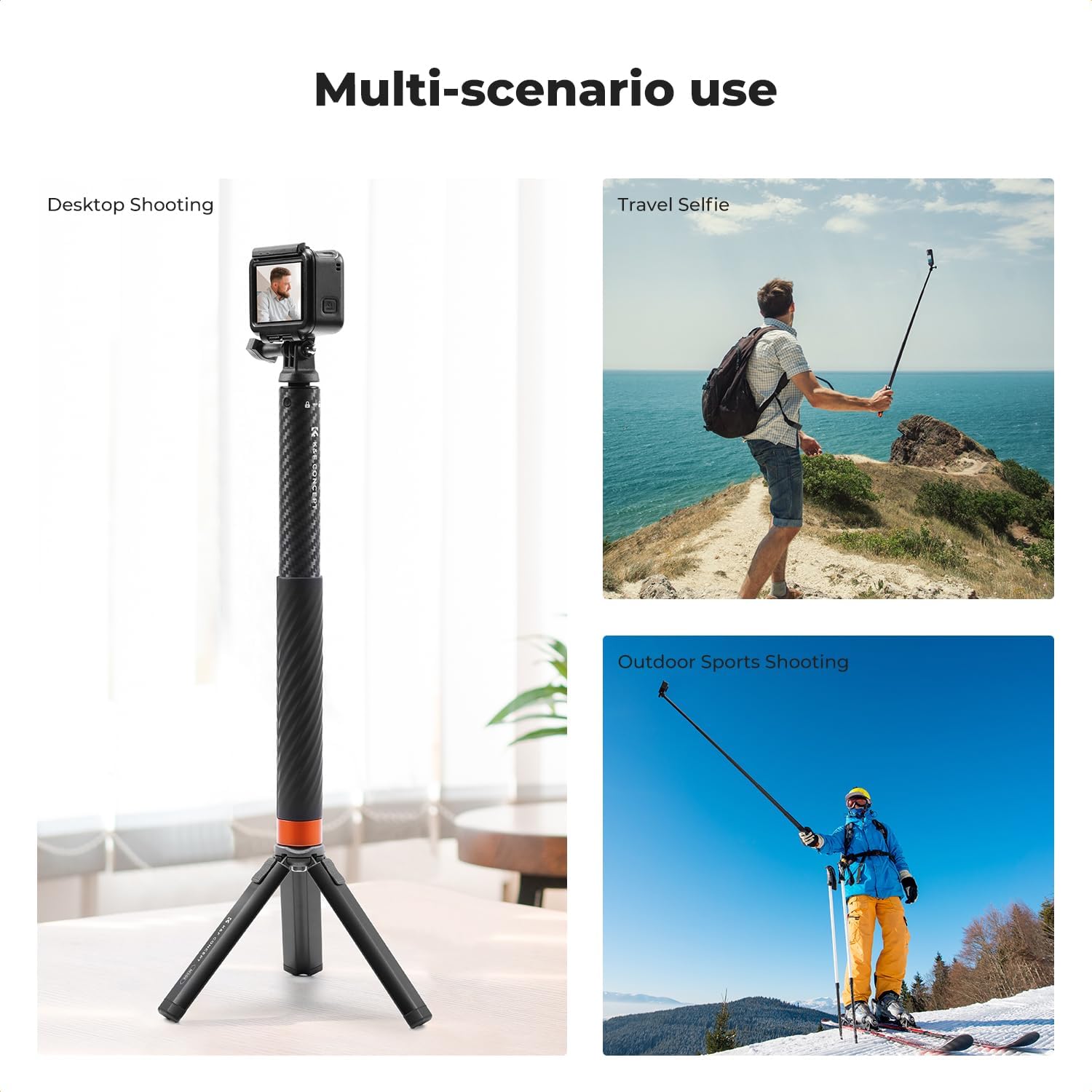 Detalle 2 de K&F Concept MS21 Carbon Fibre Selfie Stick – 2 in 1, Invisible Design, Extendable to 120 cm