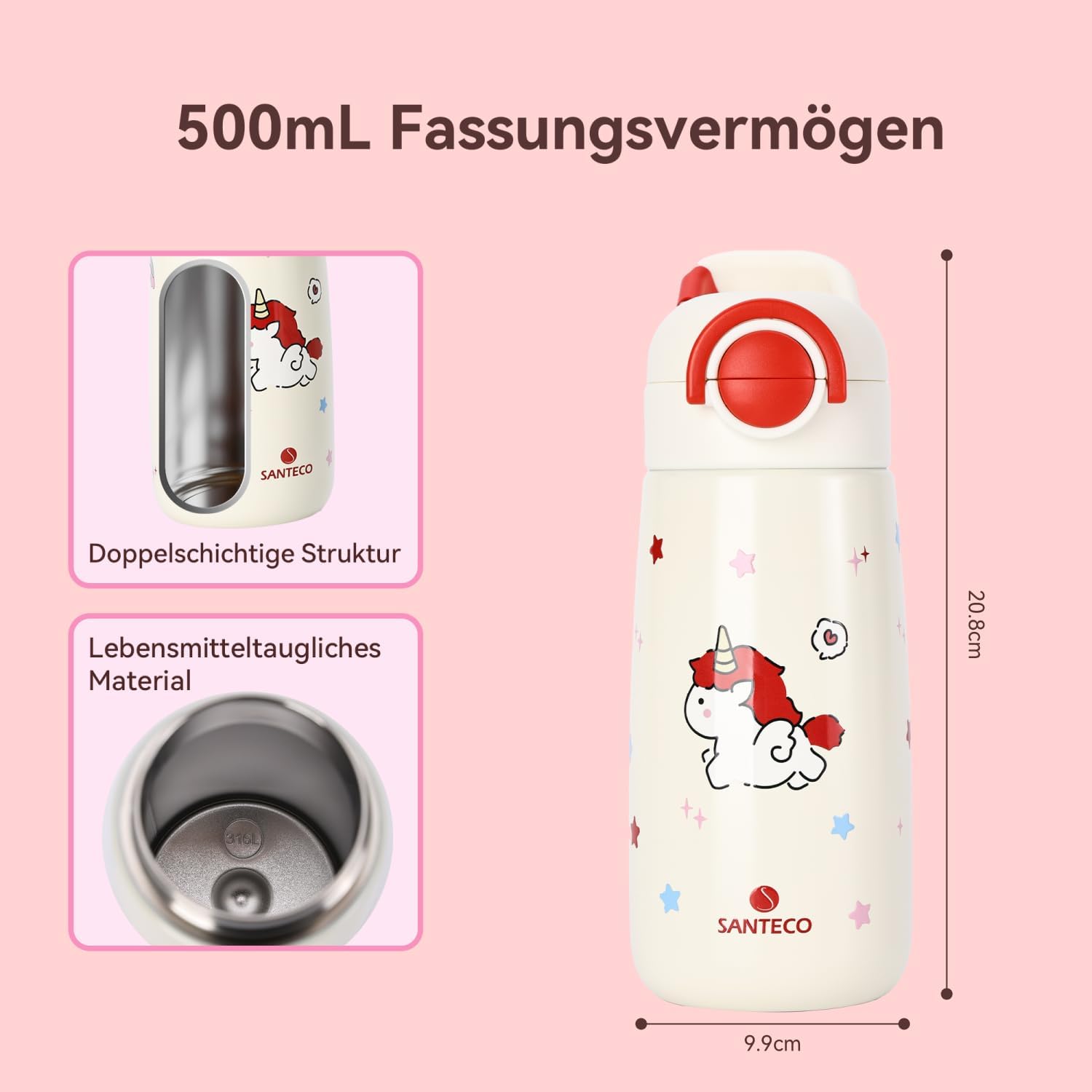 Detalle 2 de SANTECO Kinder Thermosflasche 500ml Rot Einhorn