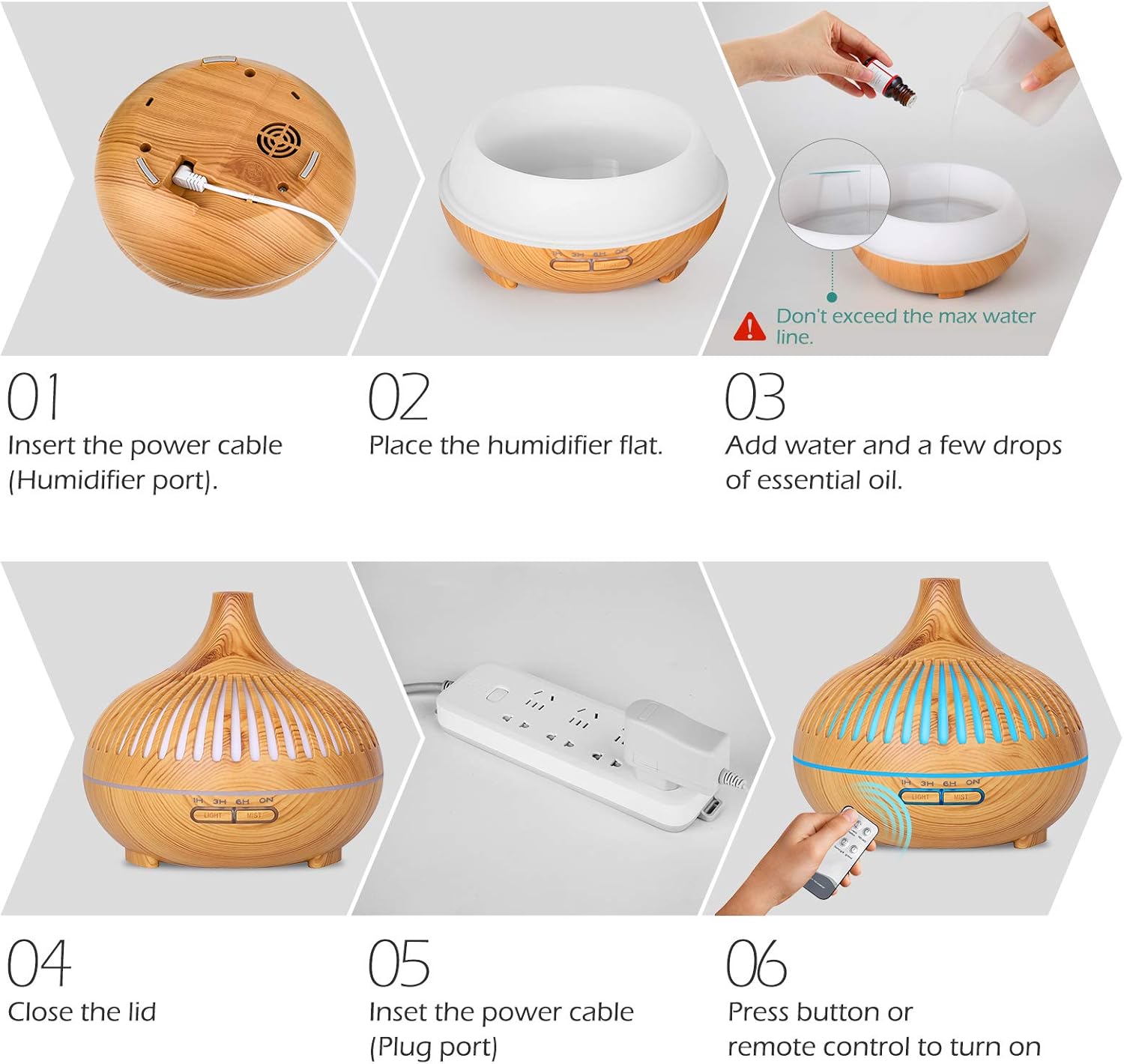 Thumbnail 4 de GeeRic Diffuseur d’huiles essentielles 500 ml avec 8 huiles (10 ml) et humidificateur à ultrasons