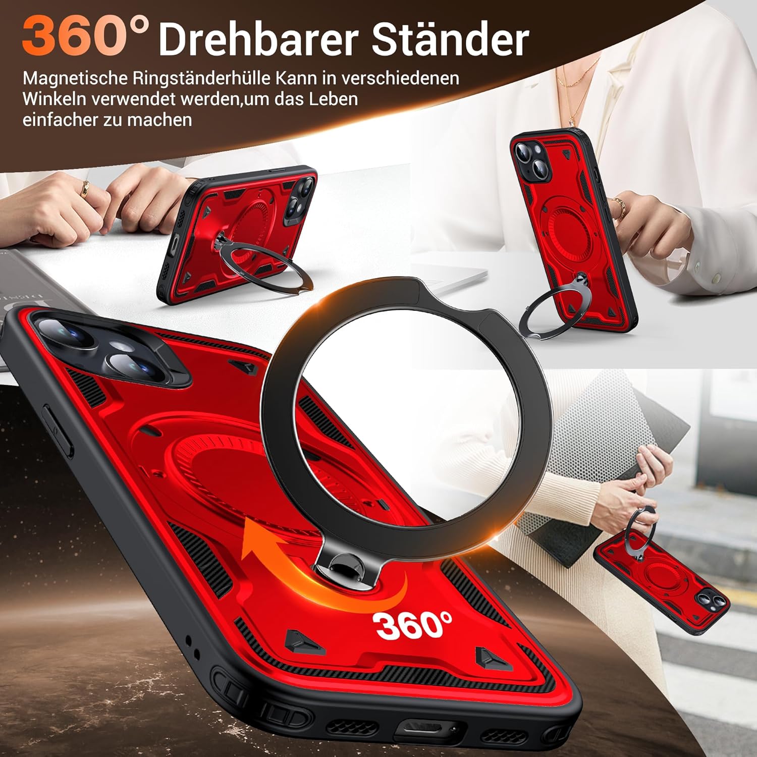 Thumbnail 2 de WYUIC Hülle für iPhone 15 (6,1 Zoll) mit rotierbarem Magnetring-Ständer und Magsafe-Schutz – rot