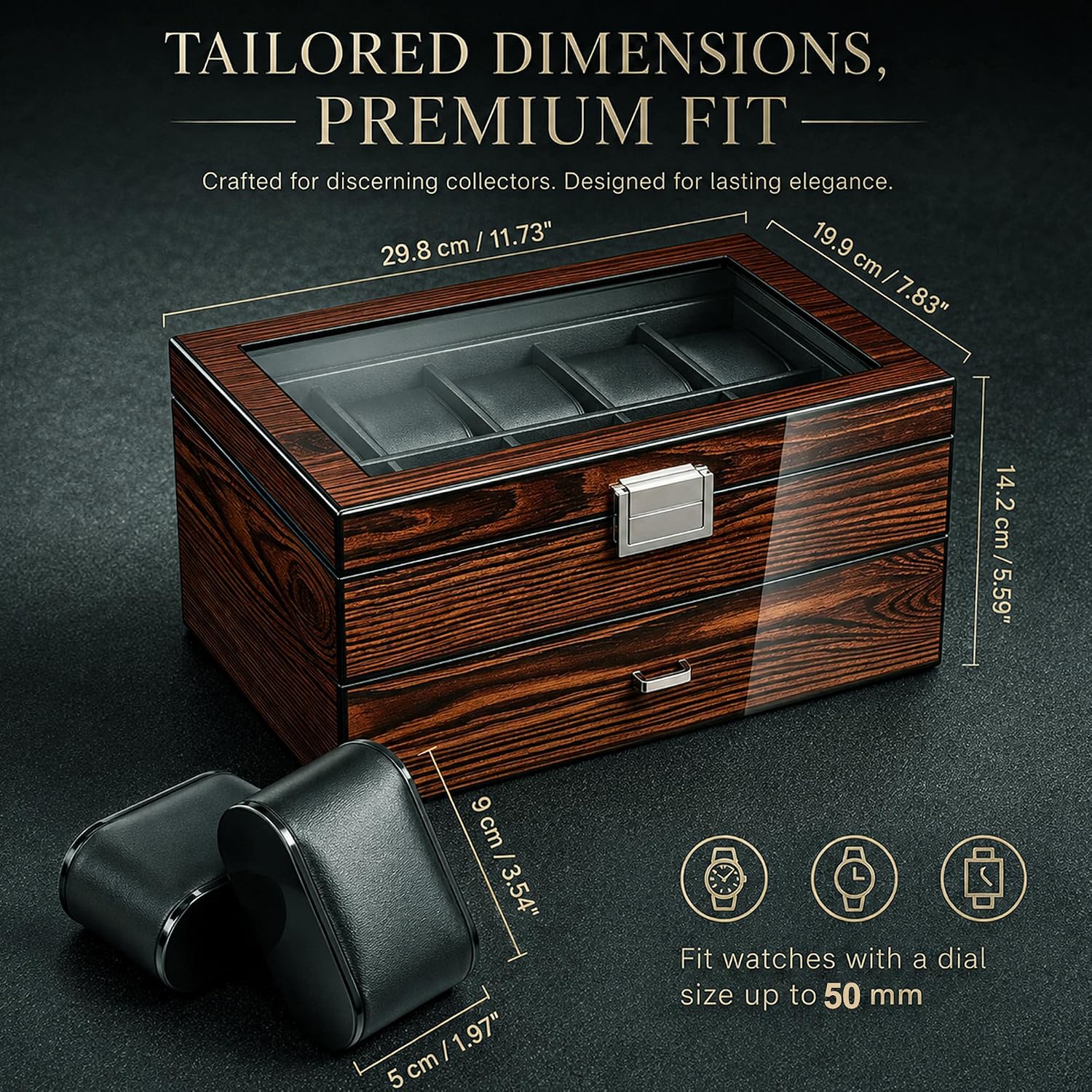 Detalle 2 de BEWISHOME High-End Watch Box 20-Slot: Wooden Case with Large Glass Lid