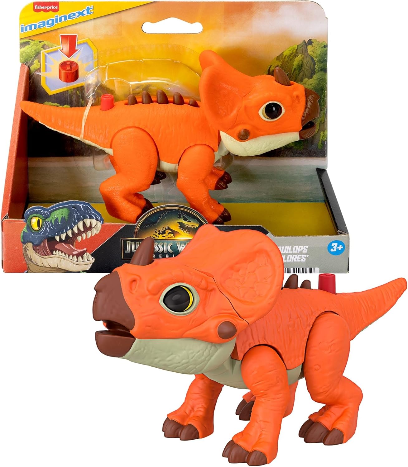Detalle de Fisher-Price Imaginext Jurassic World Aquilops – interaktive Dino-Figur, ca. 20 cm, mit Knopfbewegung und wachsenden Stacheln