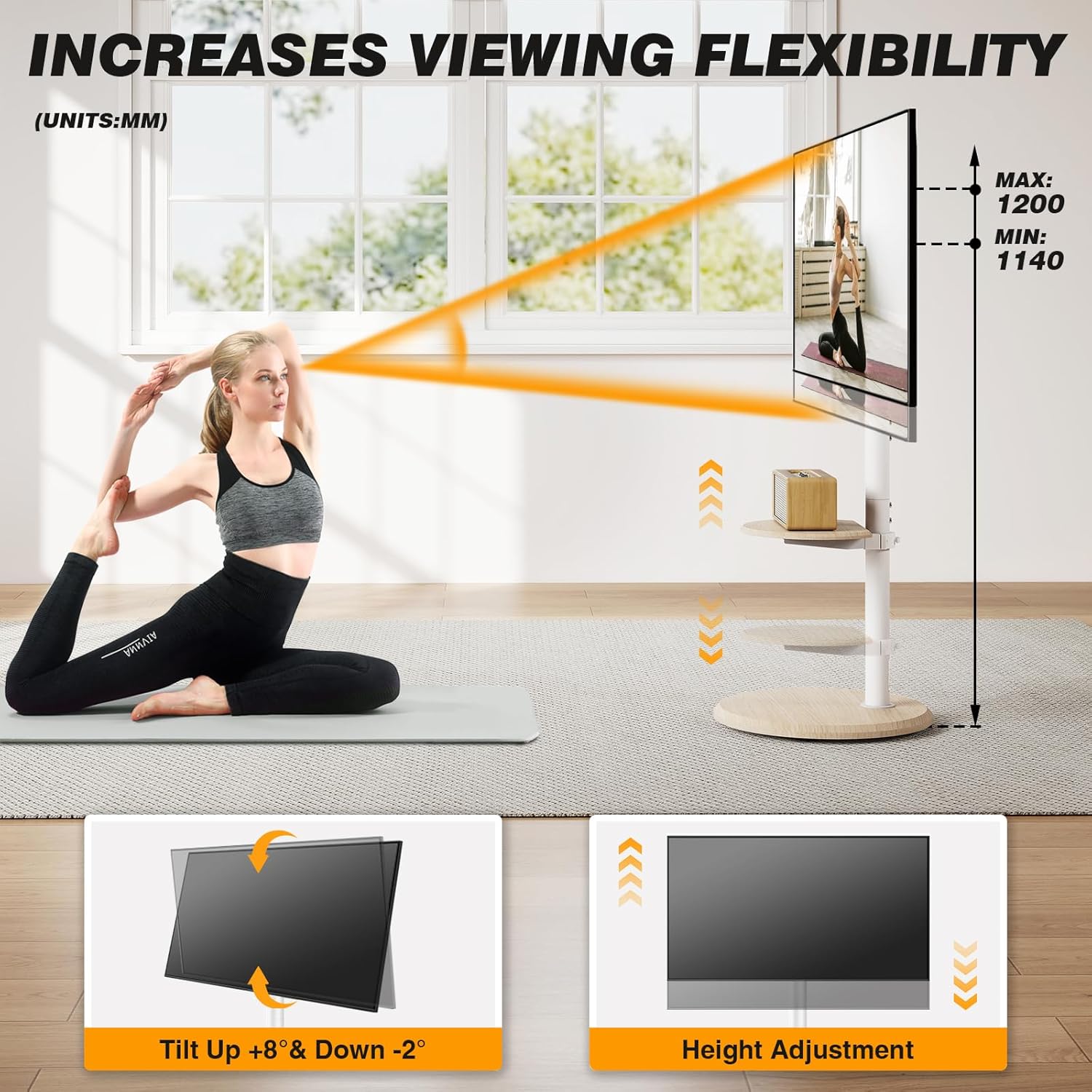 Thumbnail 2 de Support TV sur pied RFIVER avec roues cachées, réglage hauteur & inclinaison (32 à 65 pouces, VESA jusqu’à 400x400) – Blanc