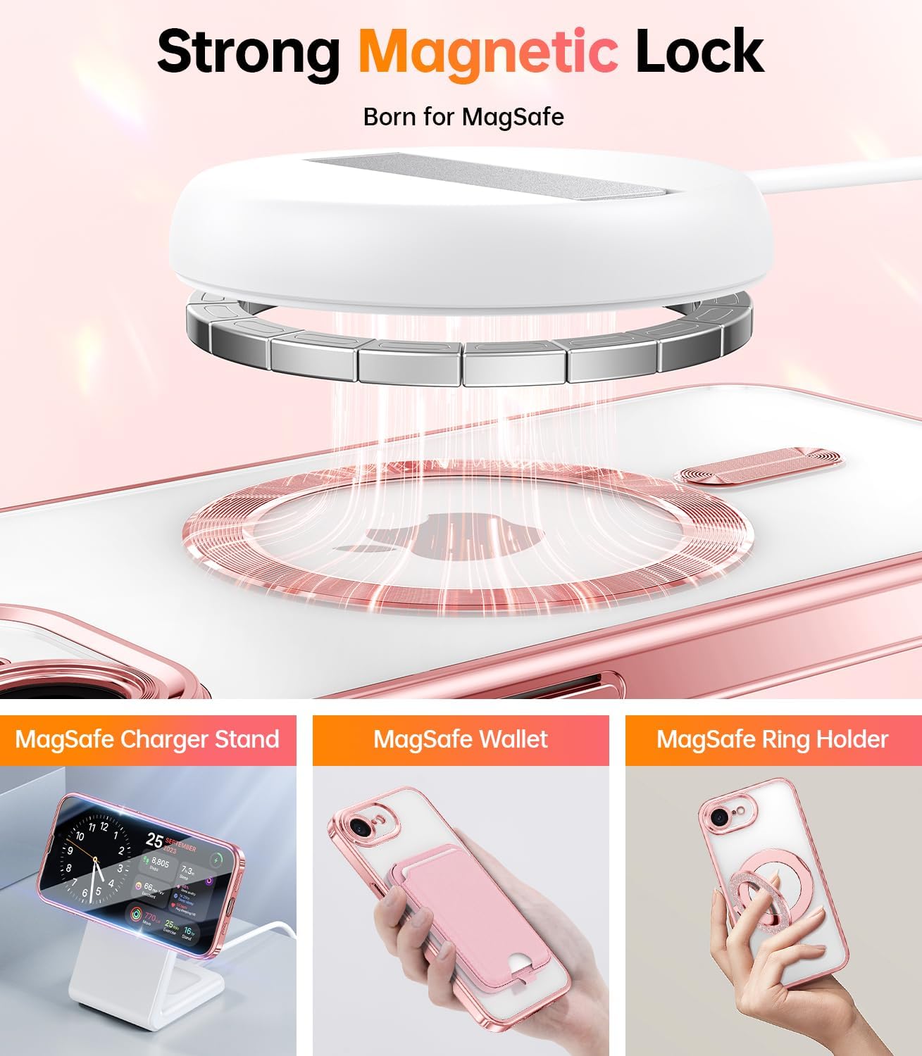 Thumbnail 5 de Meifigno Designed for iPhone 17e/16e Case (6.1") with MagSafe, Glitter Card & Wrist Strap, Rose