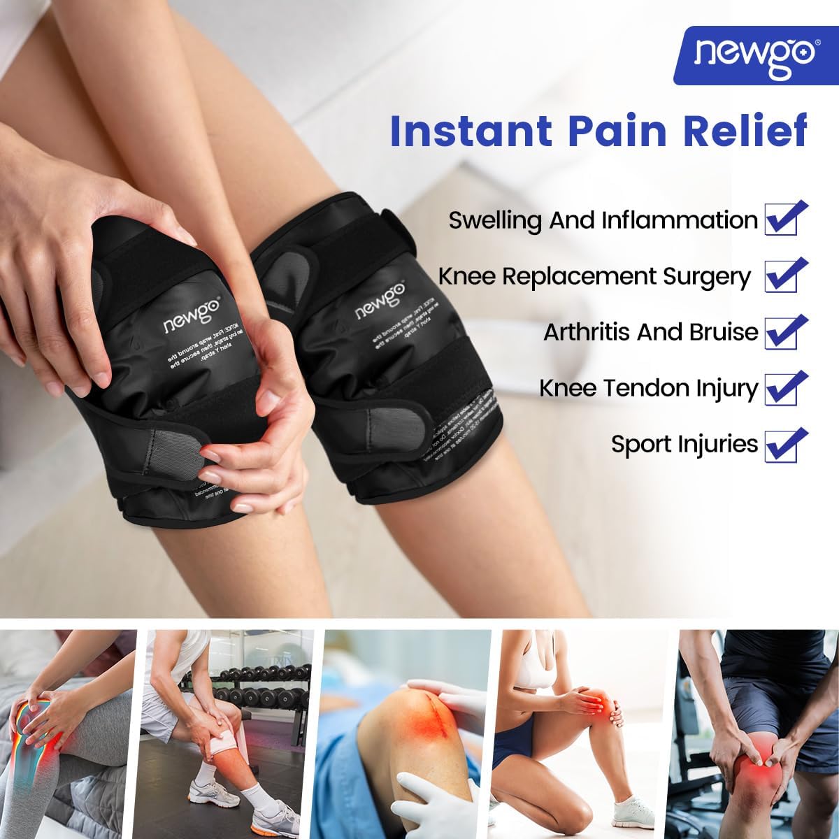 Detalle de NEWGO reusable knee ice pack wrap (2-pack) for post-surgery pain relief, swelling and bruising