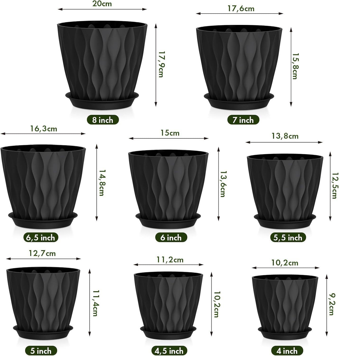 Detalle 2 de WSMKSZ 8 Pack Plant Pots Indoor with Drainage Holes & Saucers, 20/17.6/16.3/15/13.8/12.7/11.2/10.2 cm