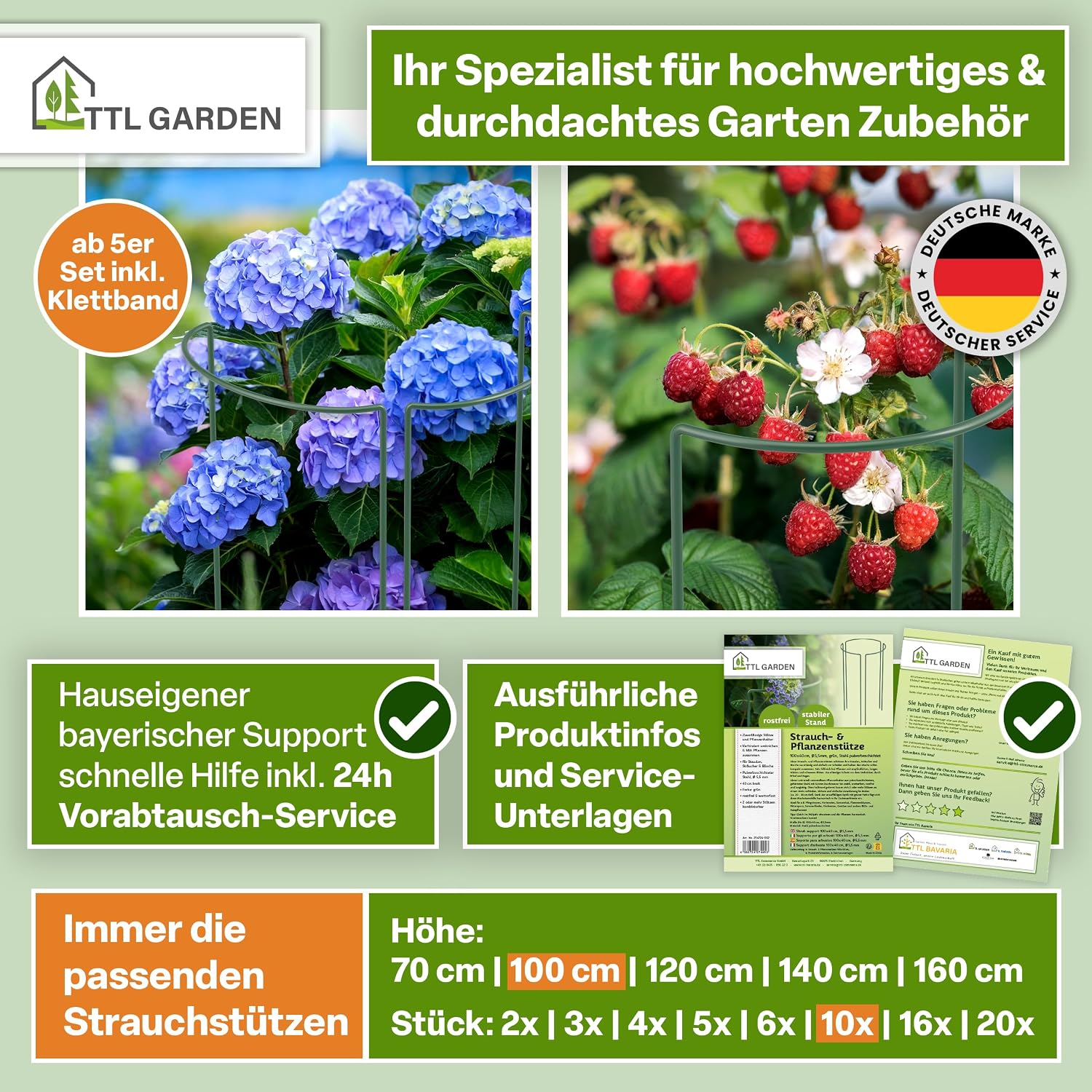 Thumbnail 6 de TTL GARDEN Strauchstützen 100 cm x 40 cm | 10er Set + Klettband – rostfrei, grün
