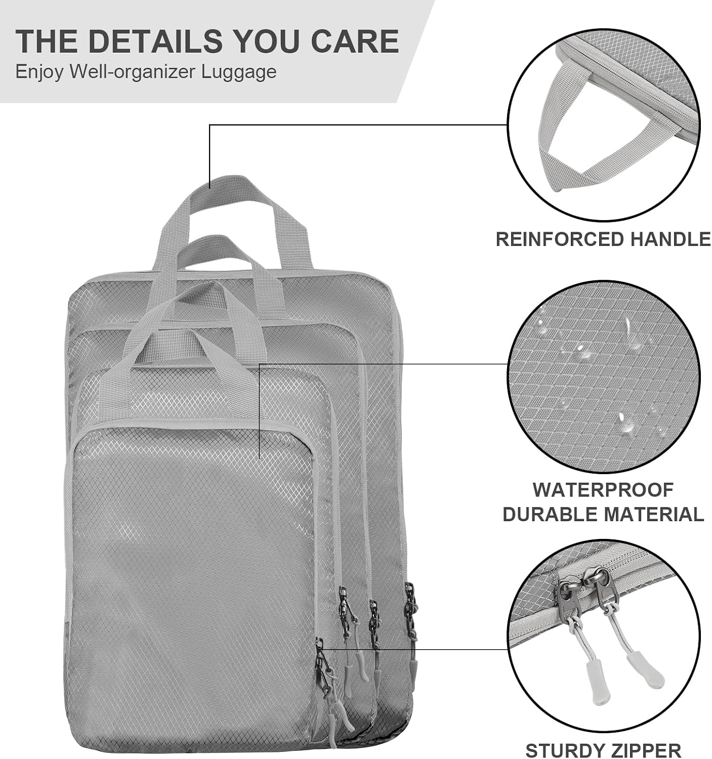 Detalle de Compression Packing Cubes Grey – Travel Storage Bag Set of 4 (Compression Organiser for Suitcase & Carry On)