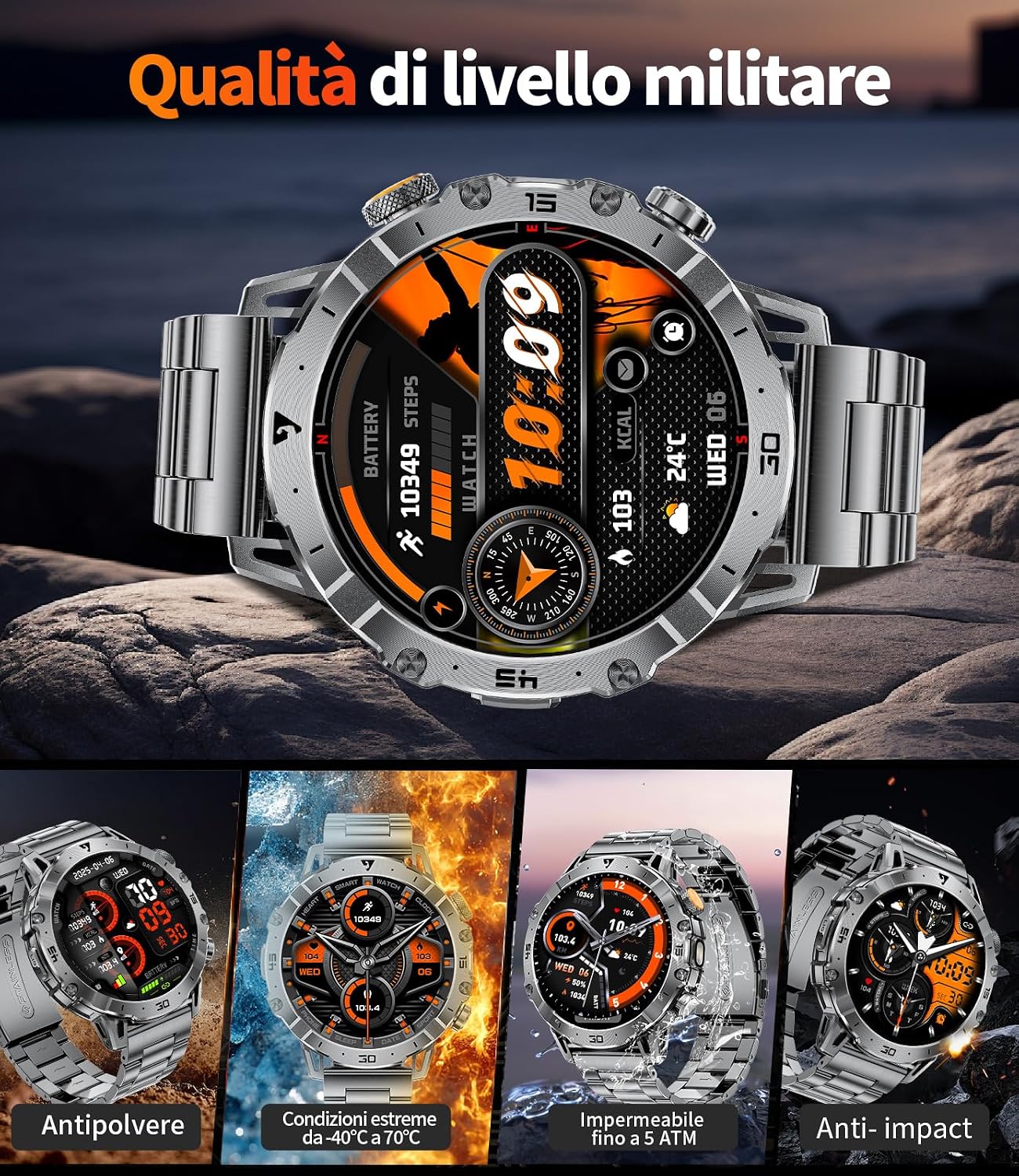 Thumbnail 6 de 1000mAh Smartwatch Uomo Militare con Chiamata Bluetooth e 1,7'' Display – IP68, 110+ Modalità Sportive