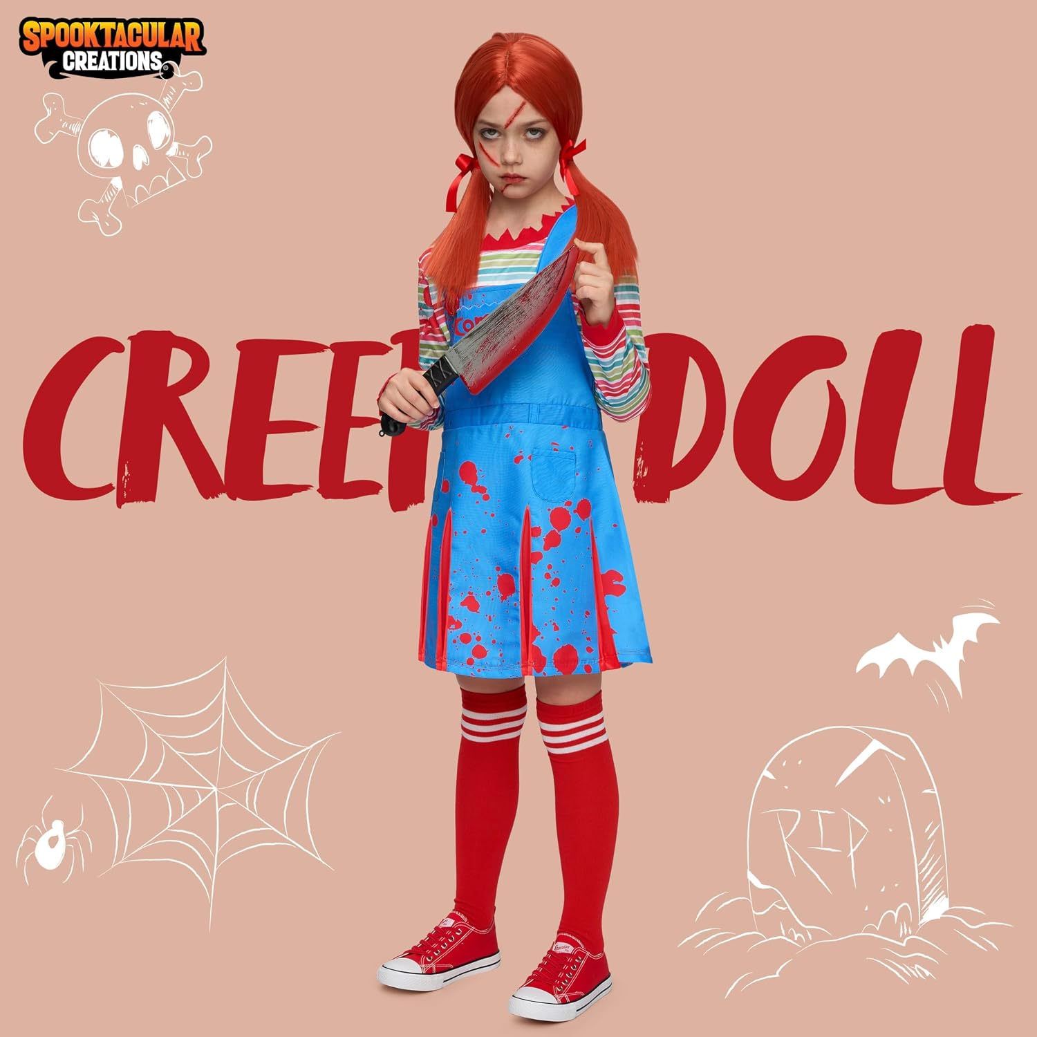 Detalle de Spooktacular Creations Creepy Doll Costume for Kids with Rainbow Shirt and Knee-High Socks