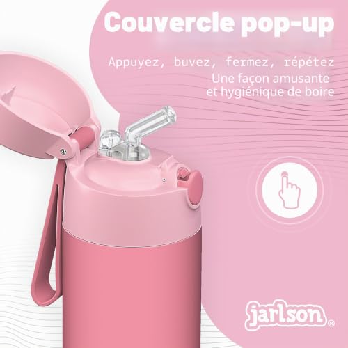 Detalle 2 de Jarlson Gourde Enfant CHARLI 350ml – Bouteille isotherme anti-fuite avec paille, Rose, inox 304