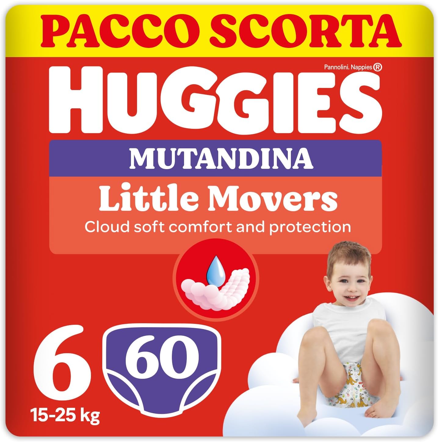 Detalle de Huggies Little Movers Mutandina Taglia 6 (15-25 Kg) – Ultra assorbente, protezione completa, 60 pezzi