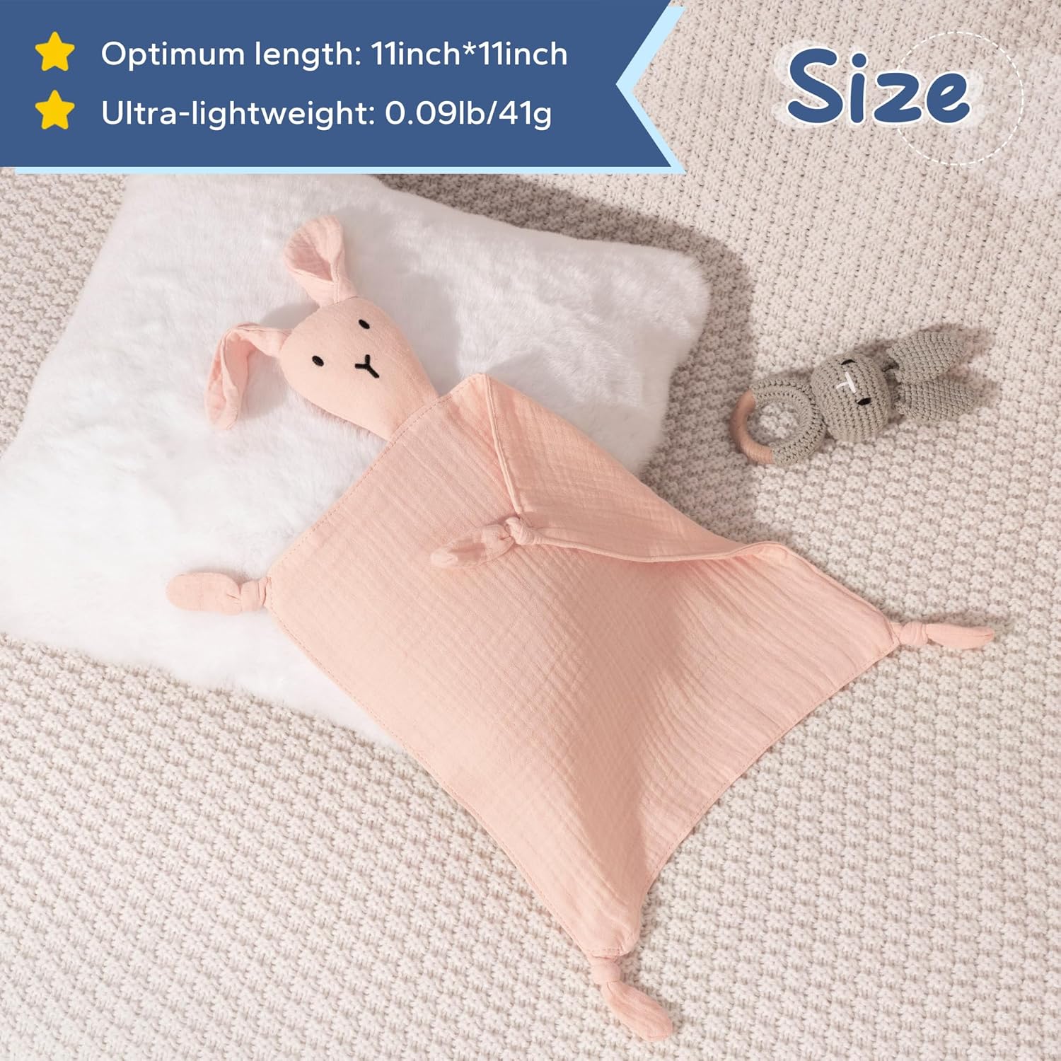Detalle de ZIGJOY Baby Comforter Blanket Muslin Cotton Bunny Lovey (Pink) – Soft Security Blanket for Baby, 11 x 11 inches