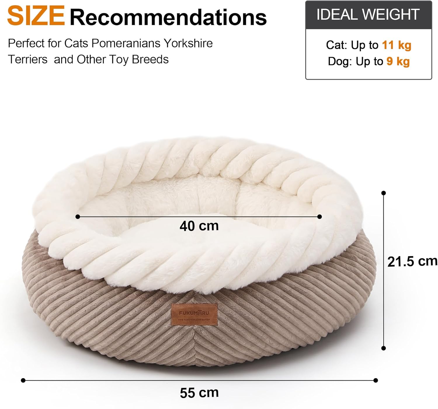 Detalle de FUKUMARU 53 cm Round Donut Cat Bed in Camel — Soft, Washable, Orthopaedic Support