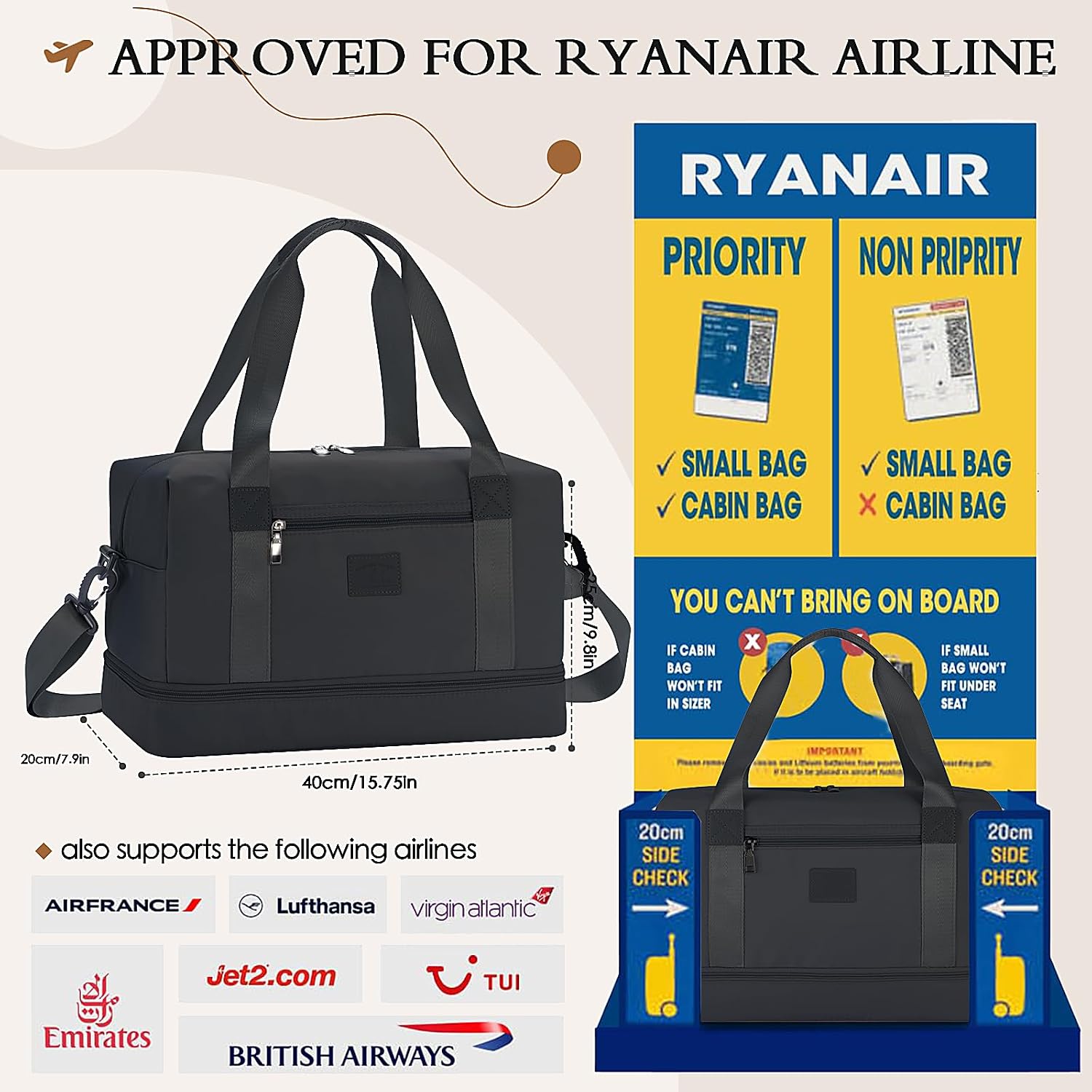 Detalle 2 de Ryanair Cabin Bag 40x30x20 Underseat Carry-On with Wet Pocket and Shoe Compartment