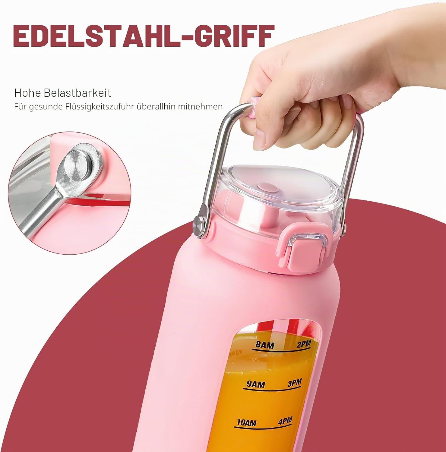 Detalle de BLUEGO 2000ml Glaswasserflasche mit Edelstahlgriff, Zeitmarkierung und Silikonhülle – BPA-frei, Rosa
