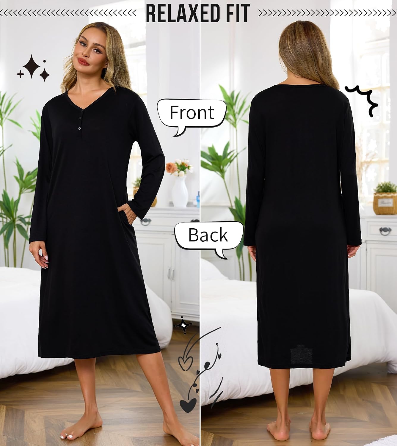 Thumbnail 1 de Lovasy long-sleeve cotton nightdress for women with pockets – long nightshirt nightwear