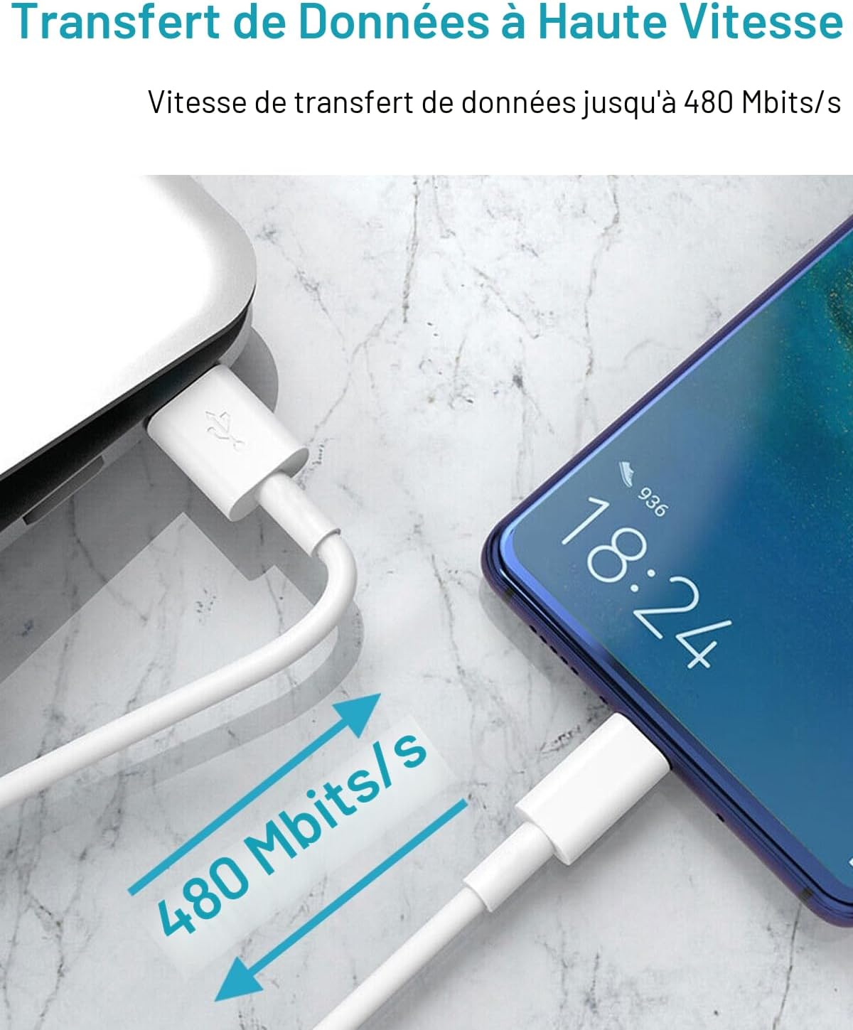 Thumbnail 3 de Chargeur USB rapide 18W avec câble USB-C 2 m – Quick Charge 3.0, prise secteur pour Samsung, Xiaomi, Huawei