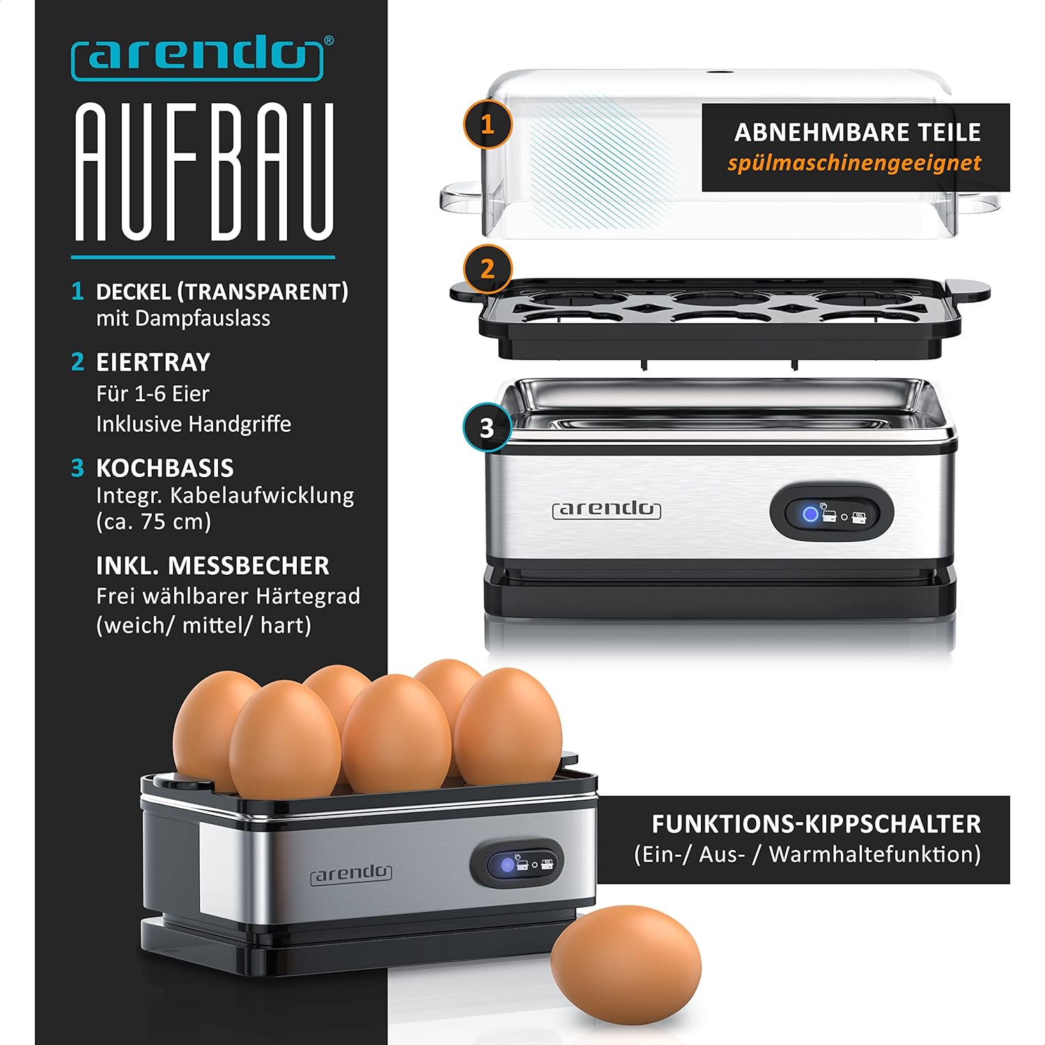 Thumbnail 2 de Arendo Eierkocher 6 Eier, 400 W Edelstahl