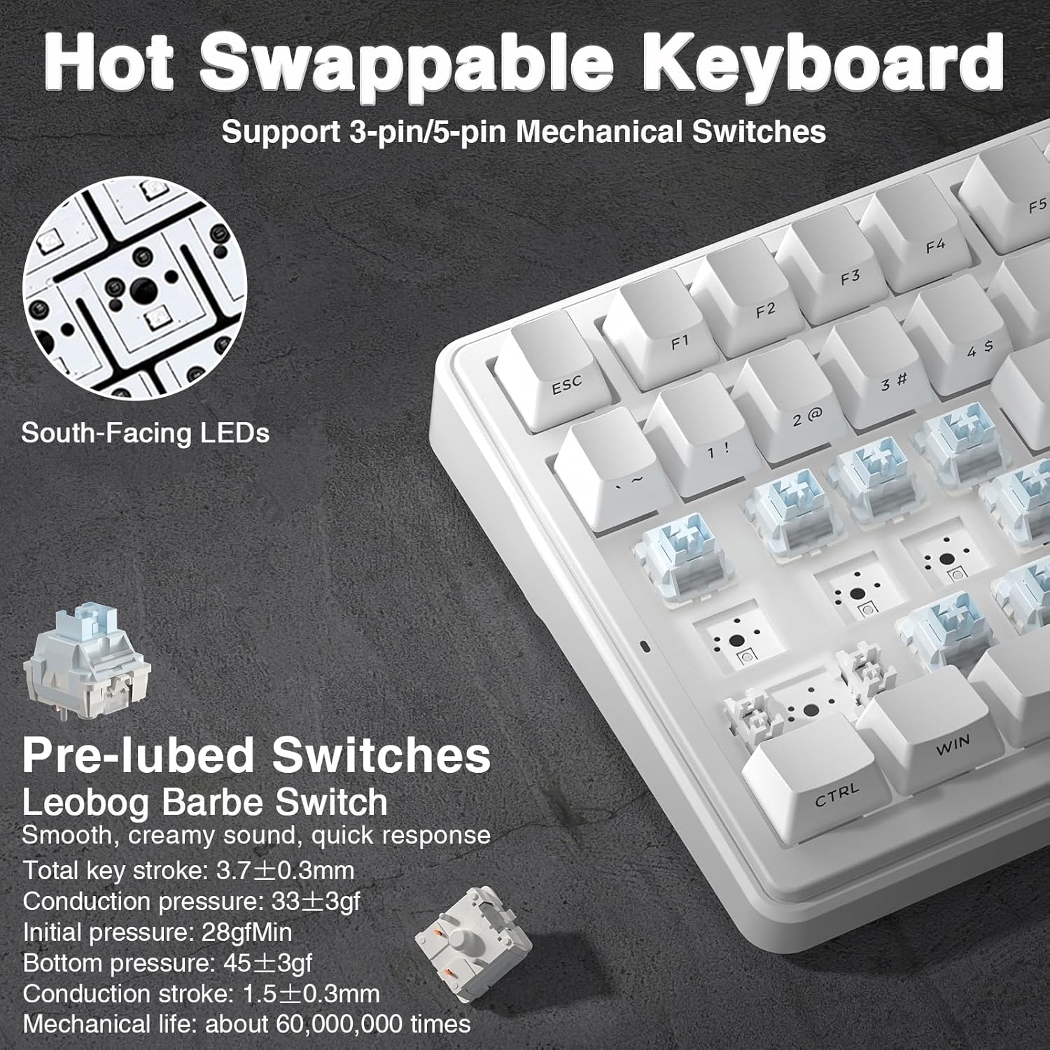 Thumbnail 4 de AULA F99 Mechanical Gaming Keyboard: BT5.0/2.4GHz/USB-C, Hot Swappable, 8000mAh – White