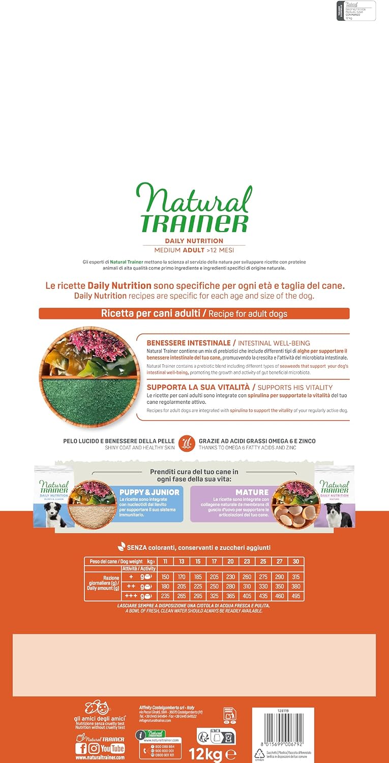 Detalle 2 de Natural Trainer Medium Cibo per Cani Adulti con Manzo - 12kg