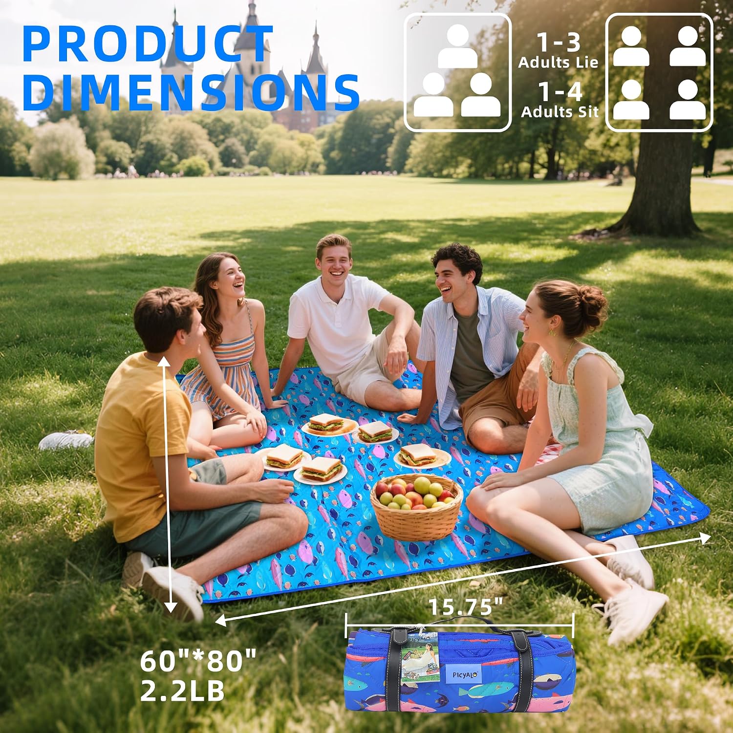 Detalle 2 de PICYALO 60x80 Picnic Blanket, Cotton-Filled, Blue Fish Pattern
