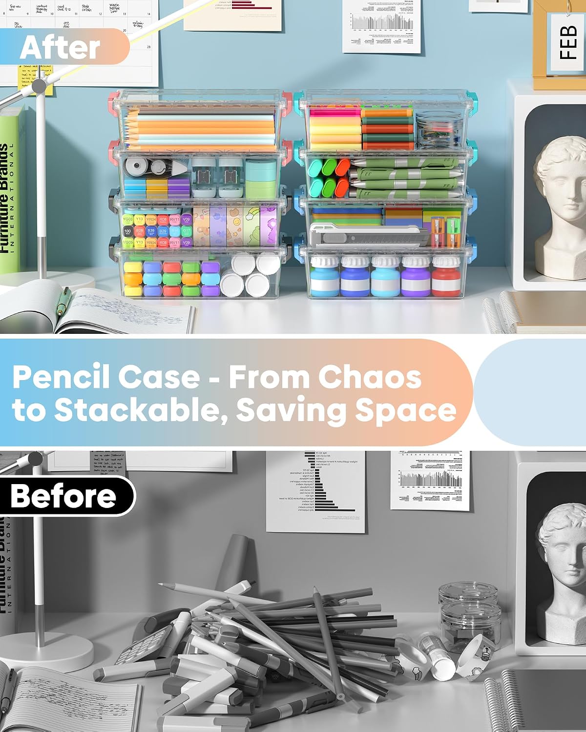 Detalle 2 de BiuLeon 8-Pack Clear Plastic Pencil Boxes, Stackable with Snap-Tight Lids
