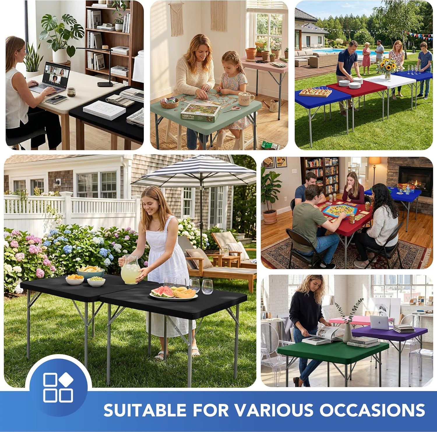 Detalle de Enjoyidea Fitted Square Tablecloth (36x36 in) — 2-Pack Black Stretch Spandex for Folding Card Tables