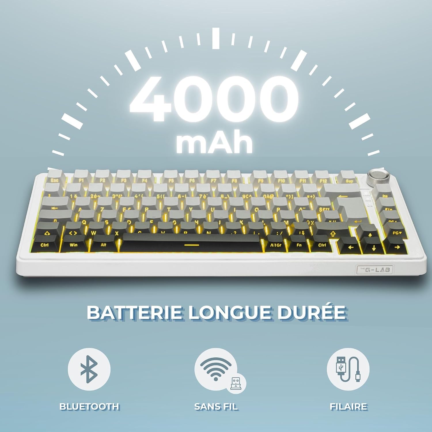 Detalle de THE G-LAB KEYZELITE300GRW – klawiatura mechaniczna AZERTY, tri-mode, hot-swap