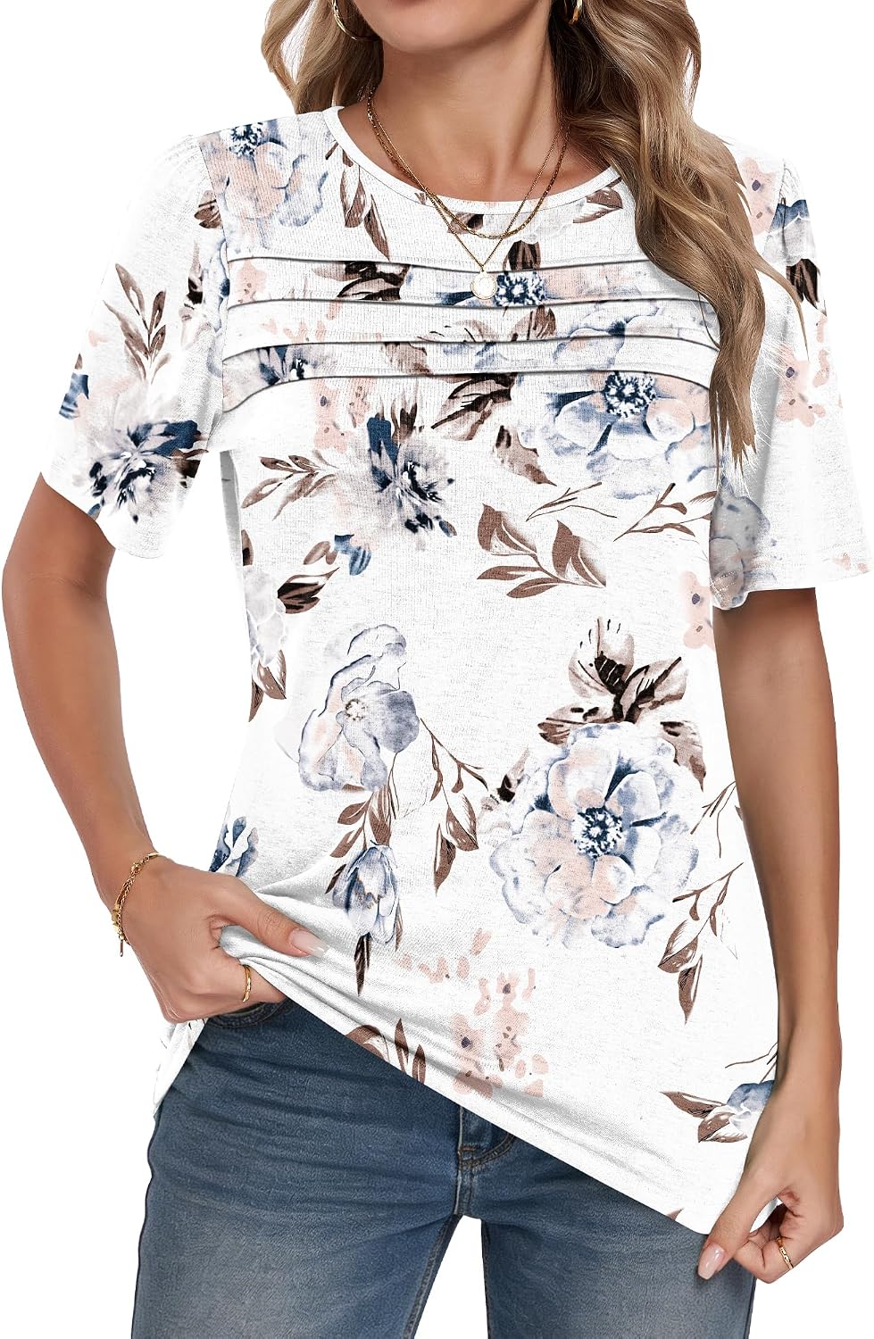 Detalle de PLMOKEN Magliette Donna Manica Corta Estive a Pieghe – Camicia Casual con Collo Rotondo