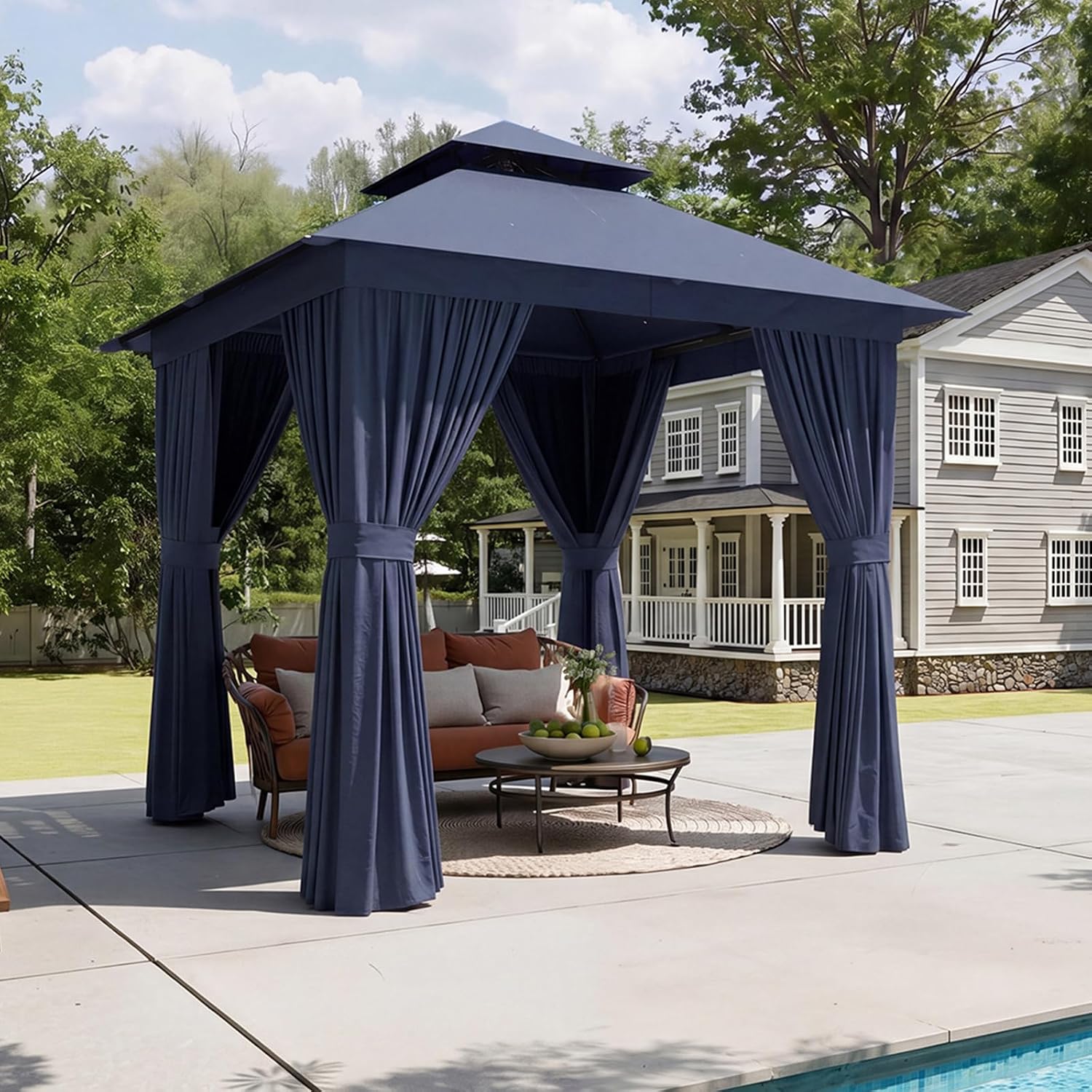 Detalle de Aoxun G30067NEW 8' x 8' Outdoor Gazebo with Netting, Curtains and Double Roof