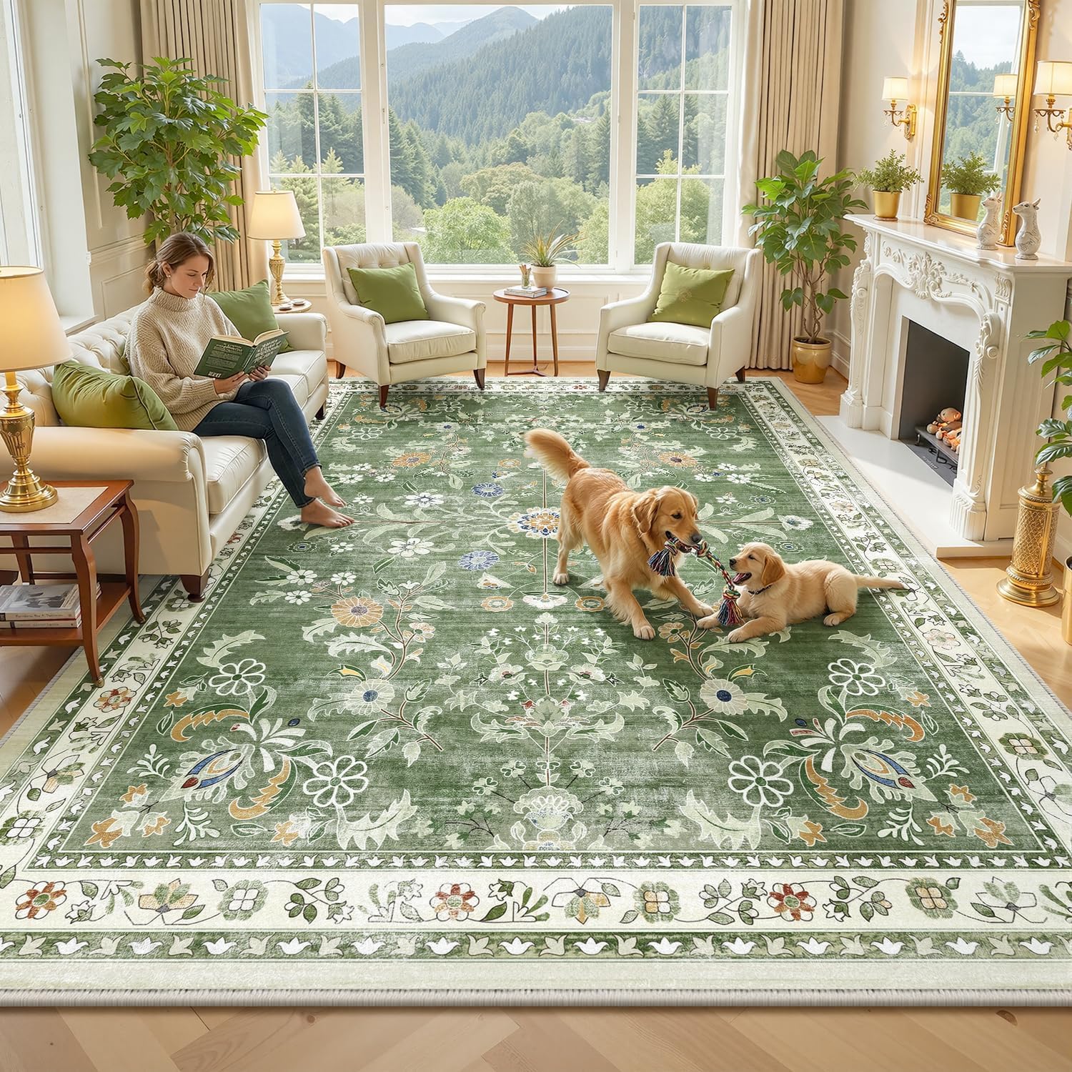 Detalle de Yamaziot 8' x 10' Washable Floral Area Rug, Sage Green Polyester, Low Pile