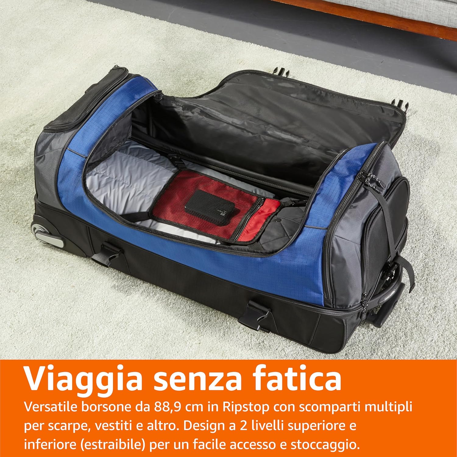 Detalle de Amazon Basics Borsone da Viaggio con Ruote da 137 L: ampia capacità, durevolezza e praticità
