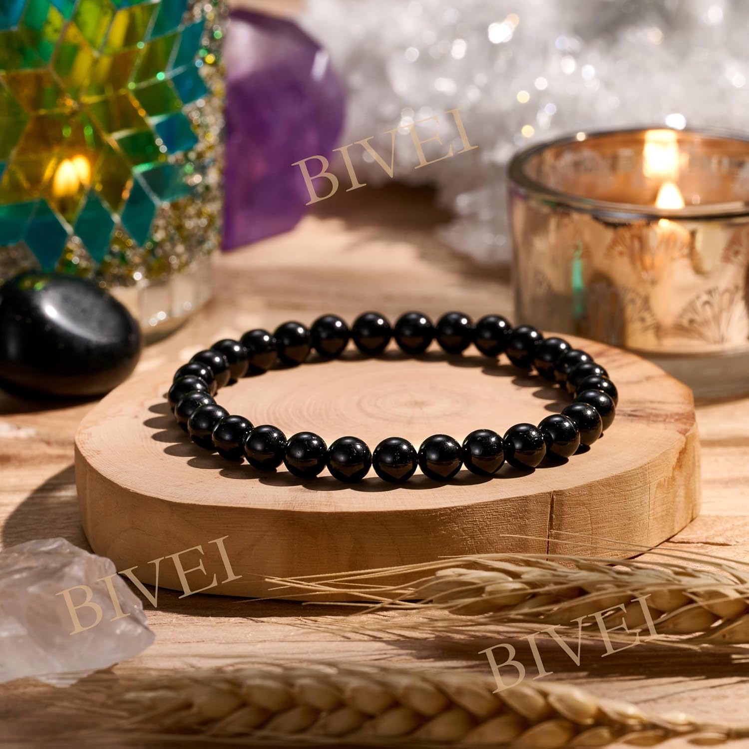 Detalle de Bivei braccialetto da donna con perline 6 mm di tormalina nera, elastico