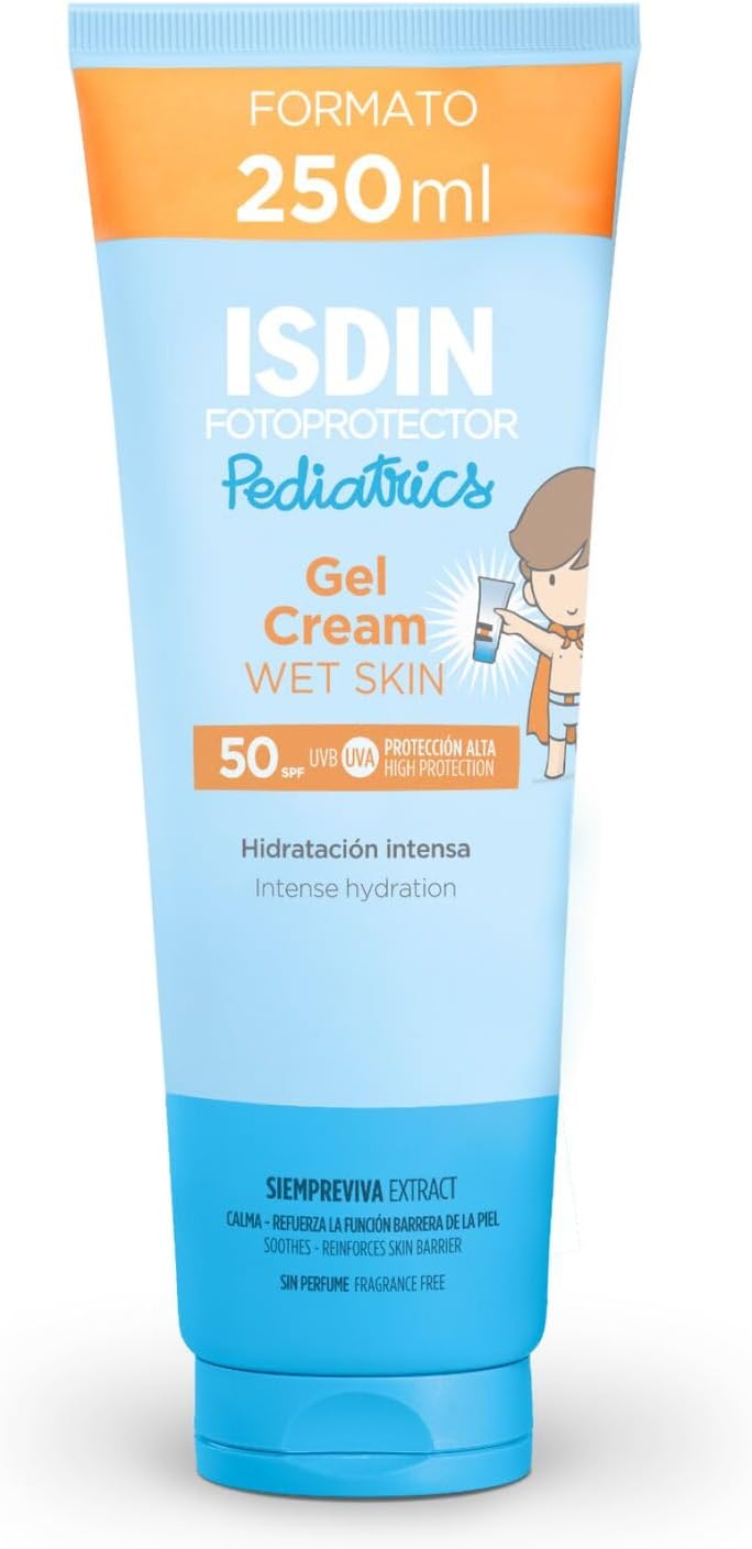 Detalle de ISDIN Pediatrics Gel Cream Wet Skin SPF 50 (250 ml) – Protezione solare pediatrica per corpo, resistente all’acqua