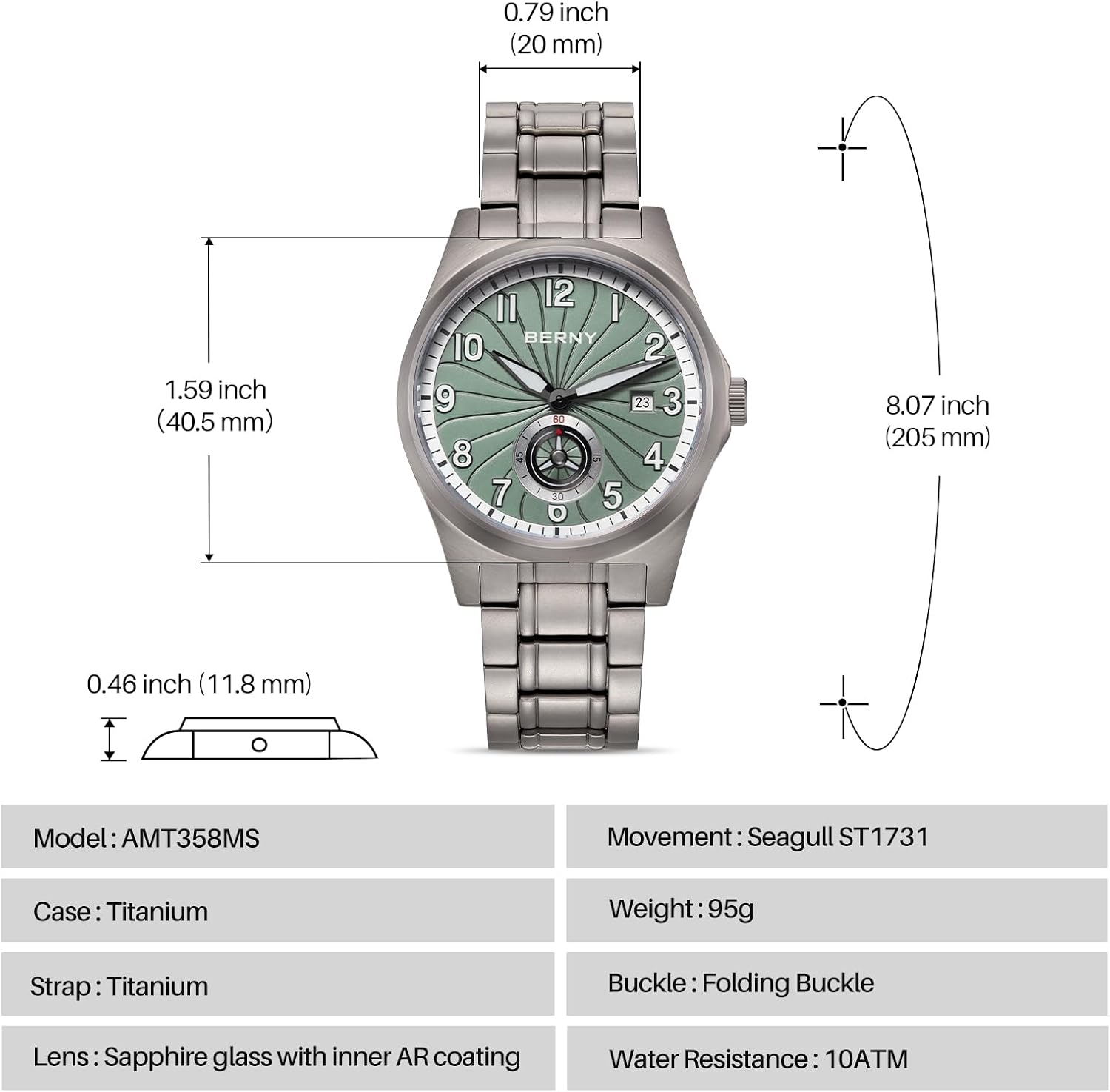 Detalle 2 de BERNY Titanium Herrenuhr Automatikwerk – robustes Titan-Design mit 10 ATM