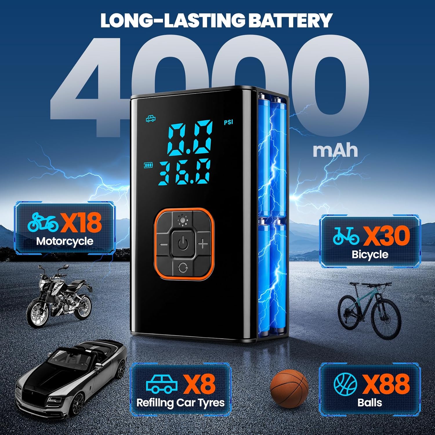 Detalle de Rivlox Car Tyre Inflator Air Compressor: Cordless 150 PSI with Digital Dual Gauge