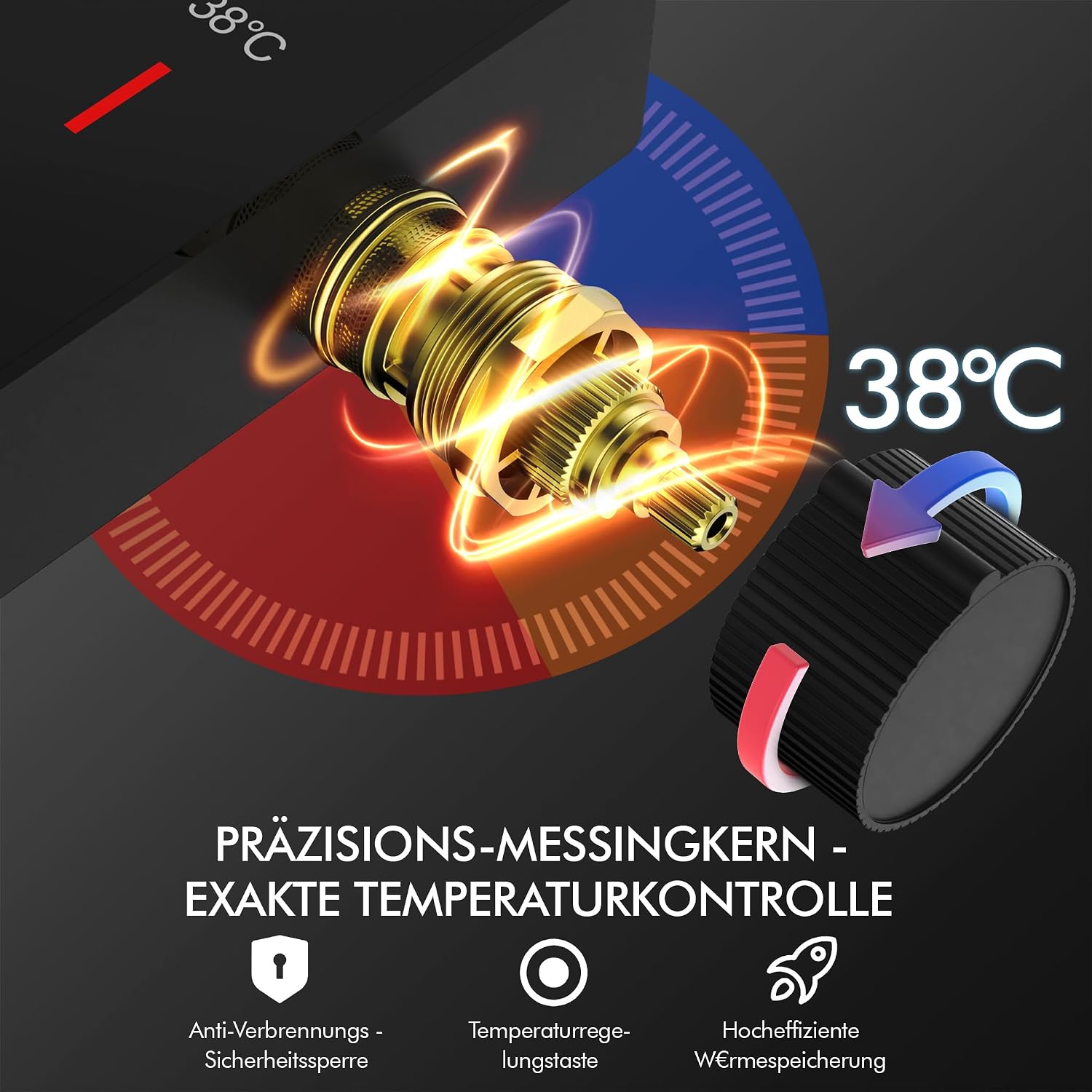 Detalle de HOMELODY Duschsystem mit Thermostat, Glasablage und 30×20 cm Kopfbrause (schwarz) – Komplettset mit 3 Strahlarten