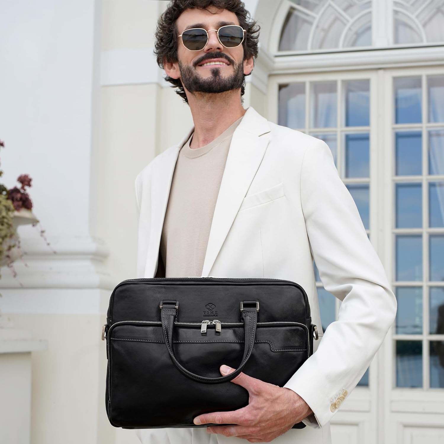 Thumbnail 1 de Time Resistance Leather Laptop Bag – 13 Inch Case with Shoulder Strap (Black)