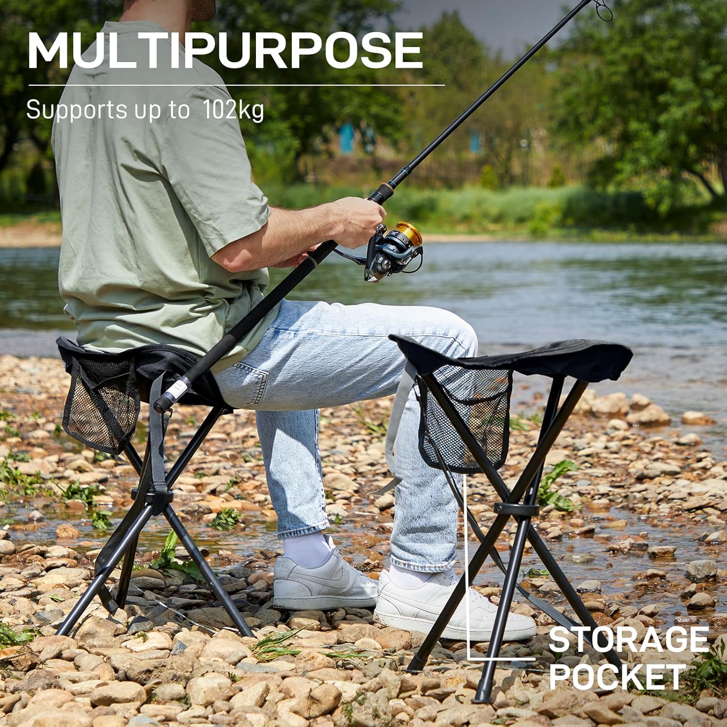 Thumbnail 4 de EVER ADVANCED Folding Stool Tripod Tall (53 cm) lightweight camping stool, black, supports up to 102 kg